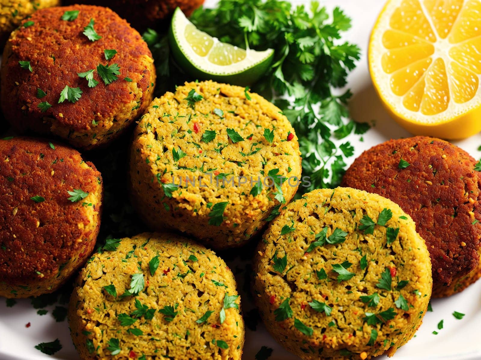 The image shows a plate of fish cakes with lemon wedges and parsley on top.