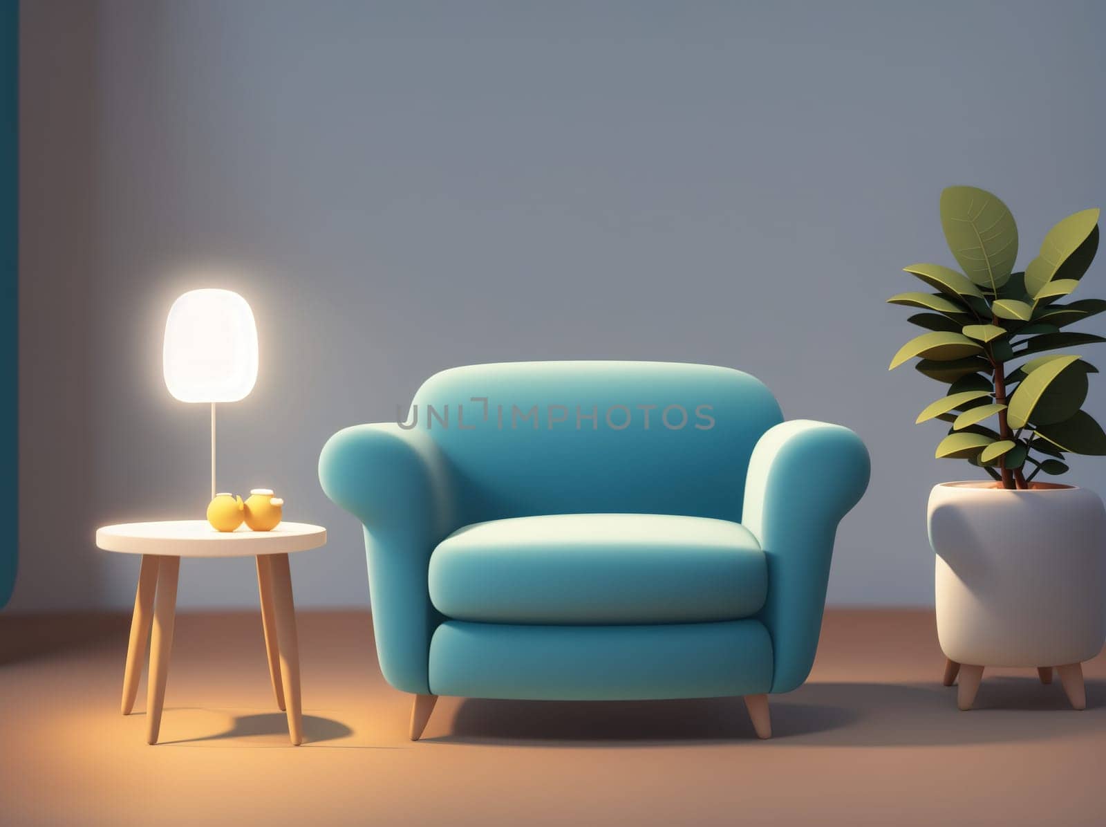 The image is a 3D rendering of a living room with a blue couch, a table with a plant on it, and a lamp on the floor.