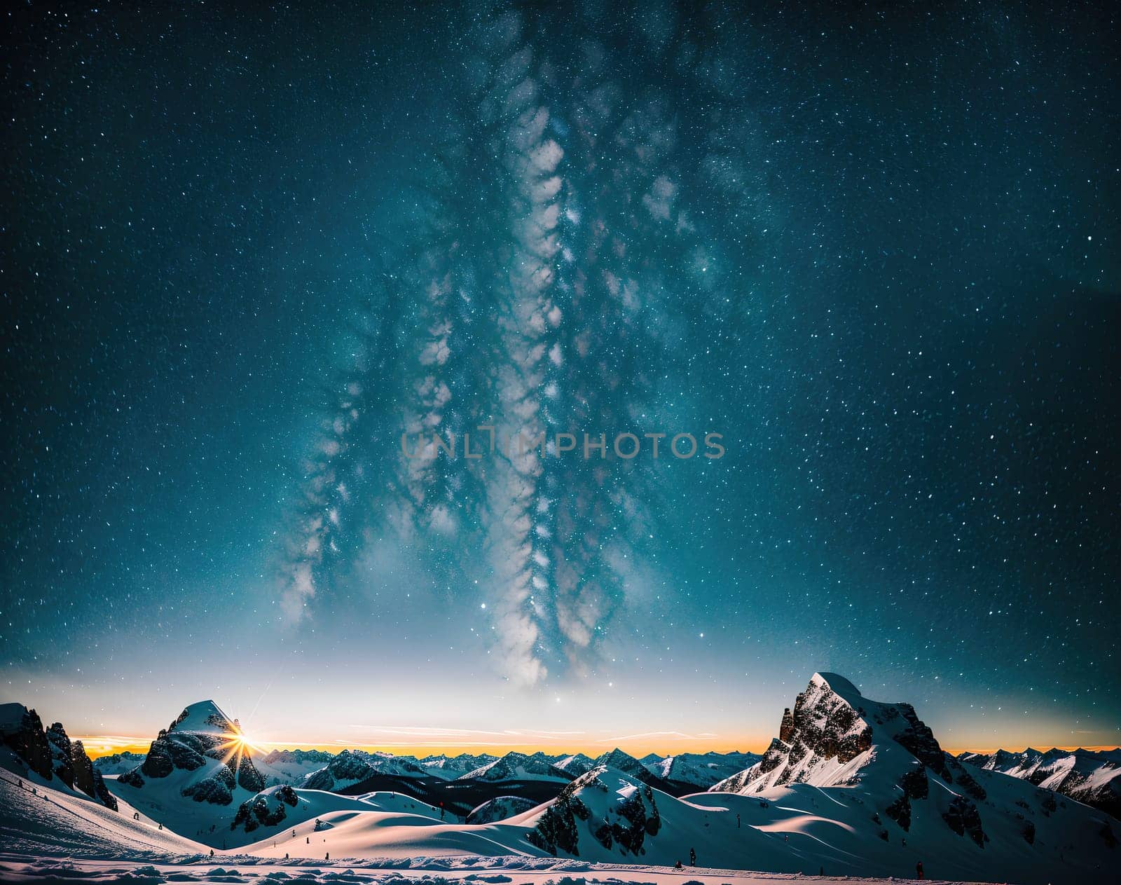 The image shows a snowy mountain landscape with a bright, starry sky above.