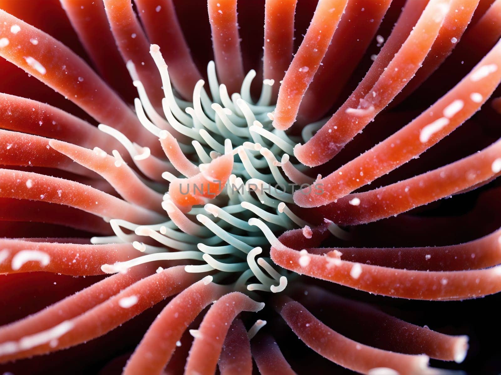 The image is a close up of a pink and white coral, with many small, delicate tentacles extending from the center.