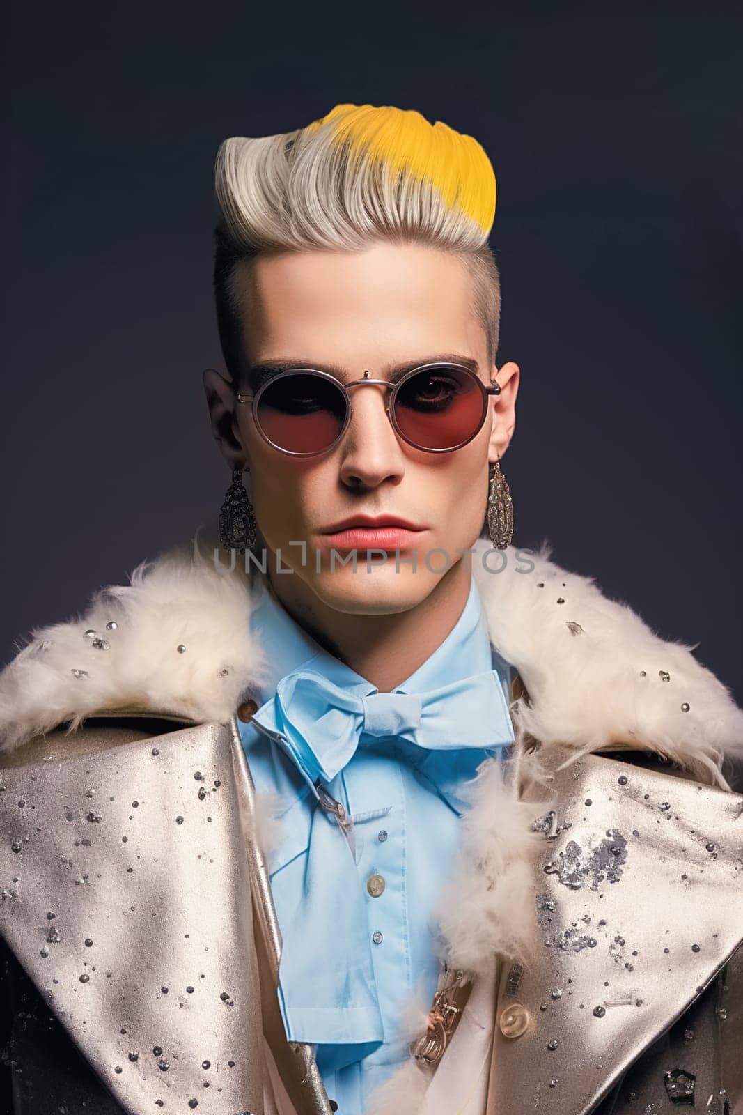Stylish fashionable blond man wearing glasses and clothes from famous brands. High quality photo