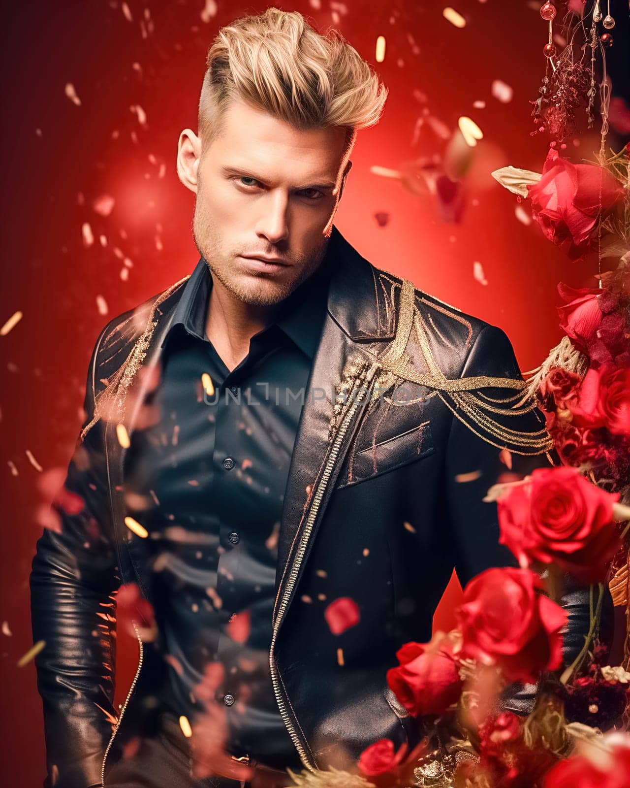 Stylish fashionable blond man in a leather jacket from famous brands. High quality photo