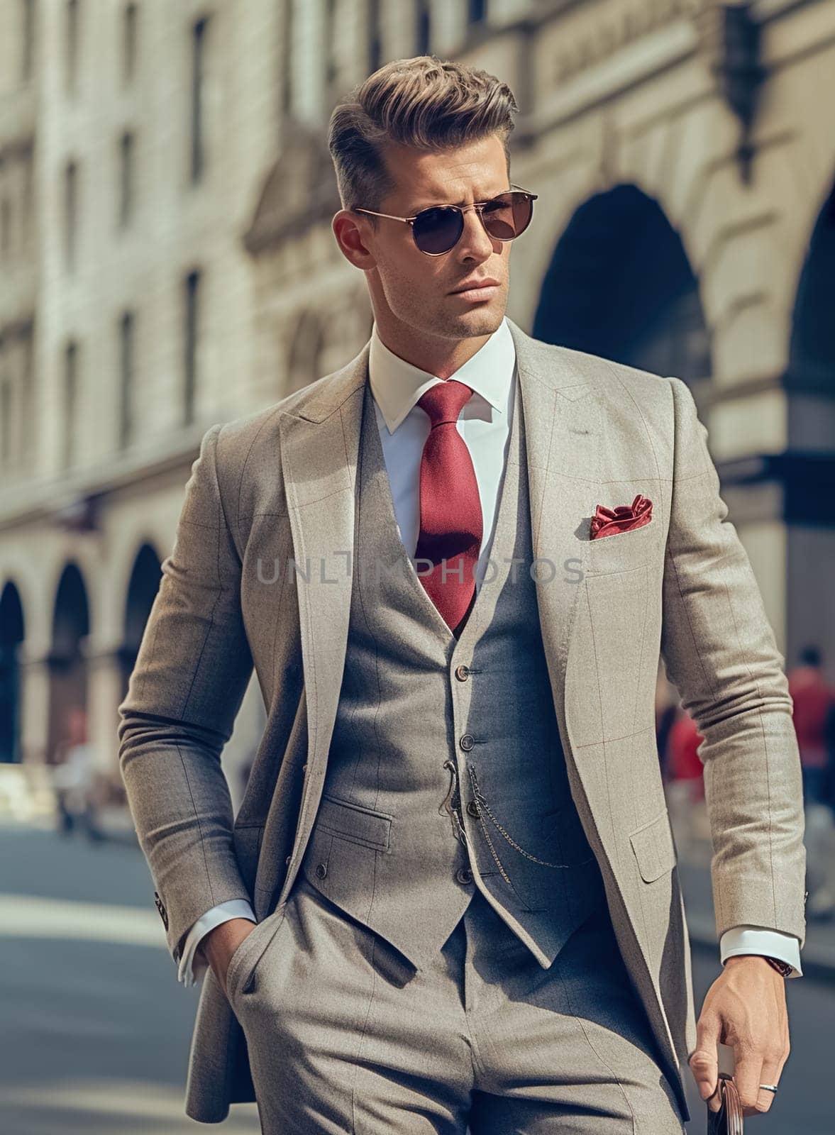 Stylish fashionable blond man in glasses and a beige suit from famous brands. High quality photo