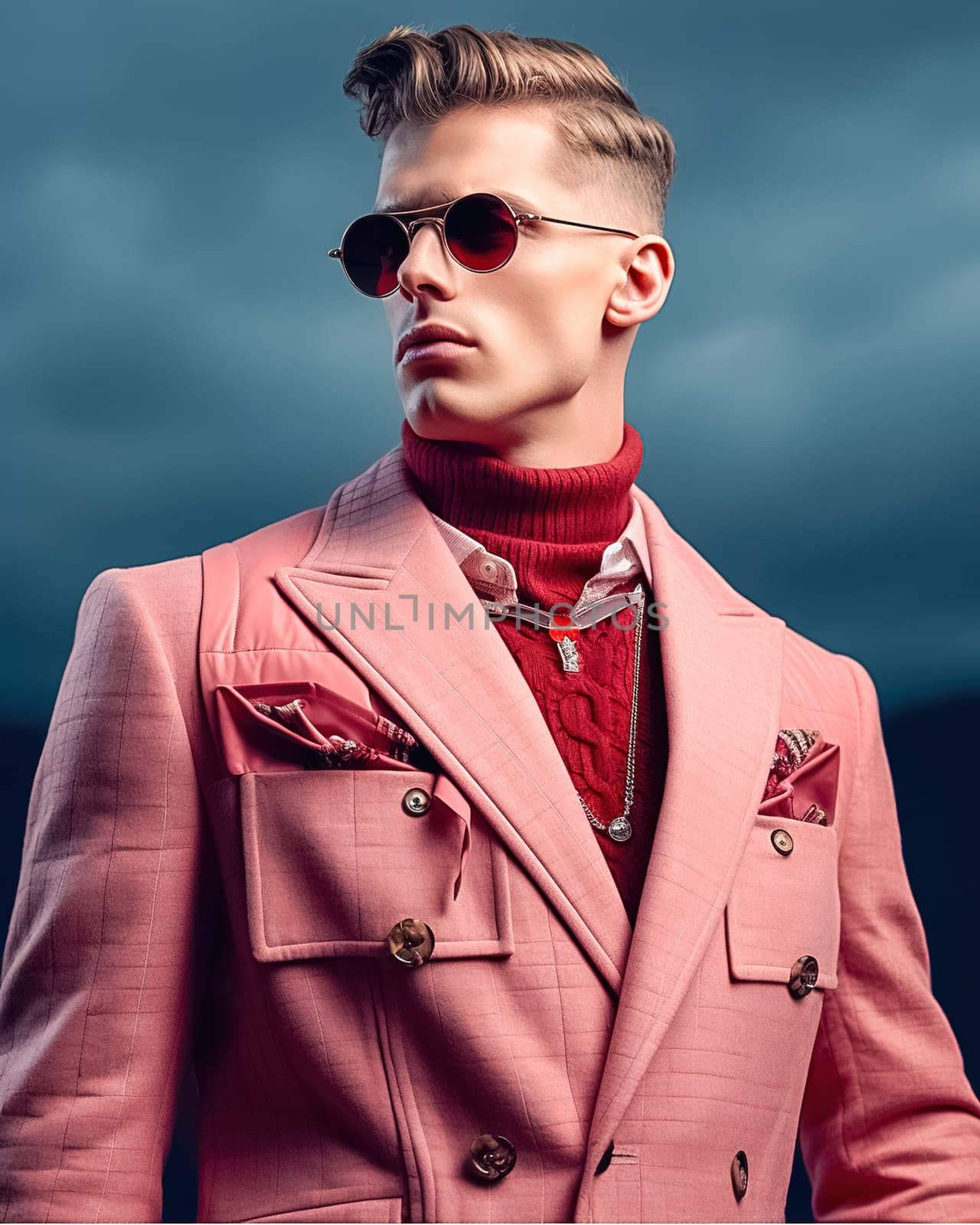 Stylish fashionable blond man in glasses and a pink suit from famous brands. by Yurich32