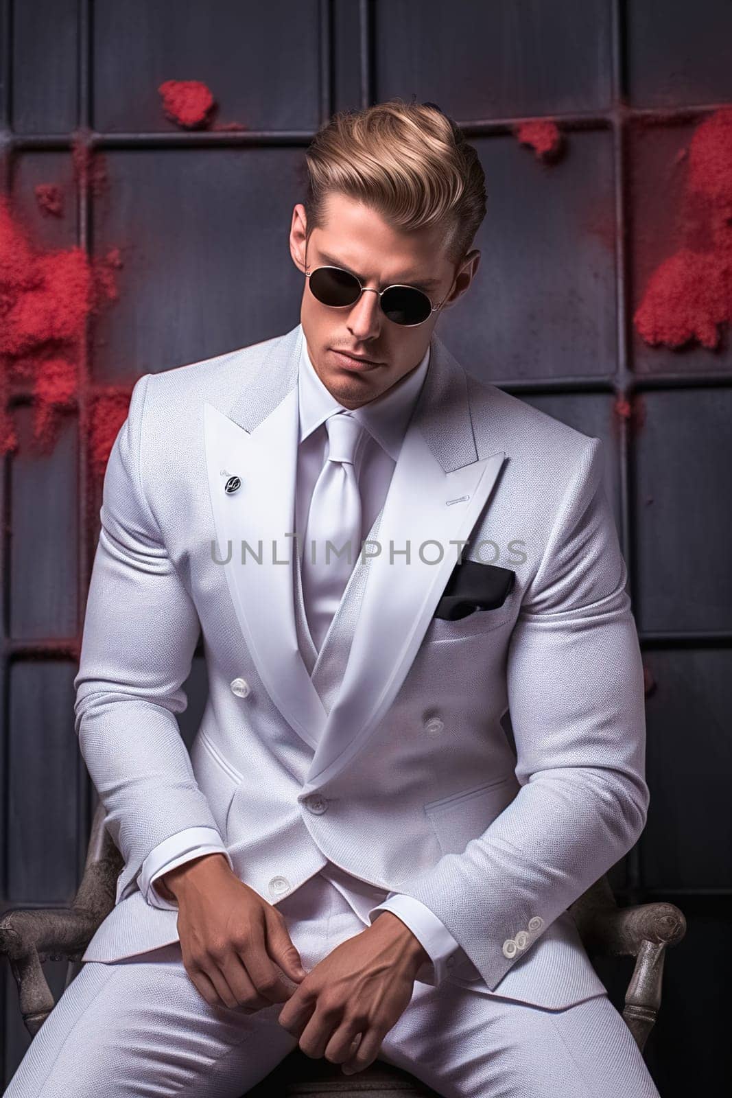 Stylish fashionable blond man wearing glasses and clothes from famous brands. High quality photo