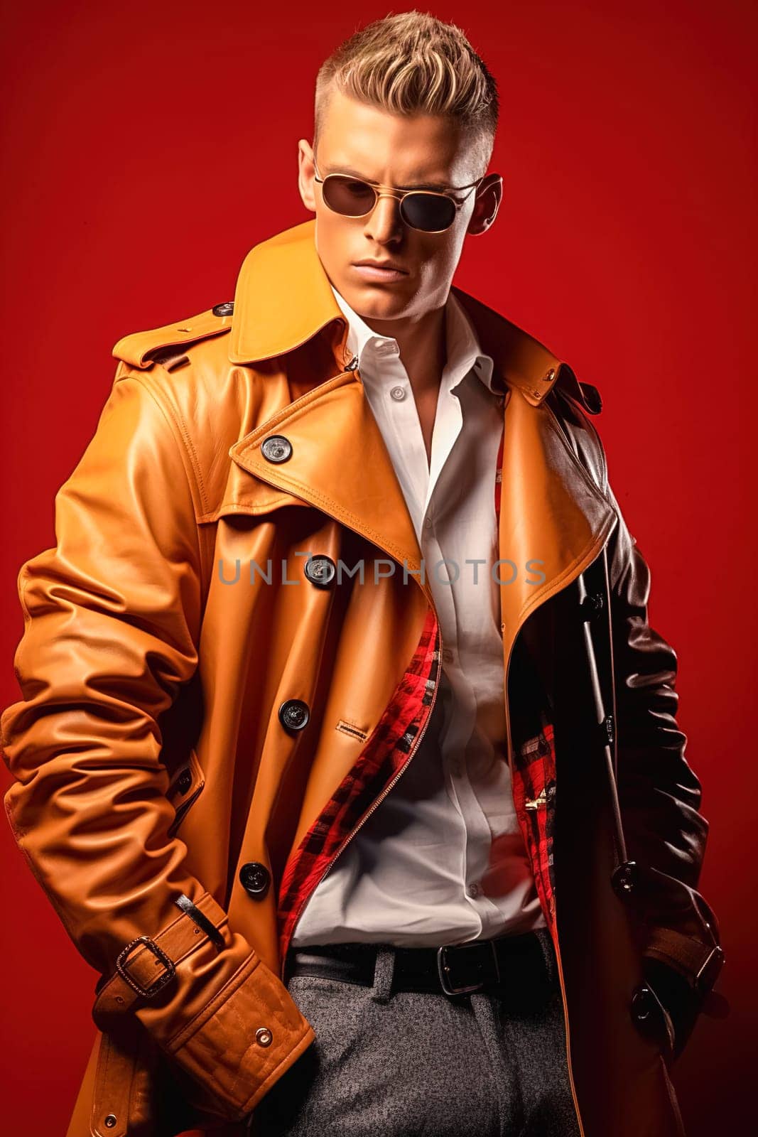 Stylish fashionable blond man in a brown leather coat from famous brands. High quality photo