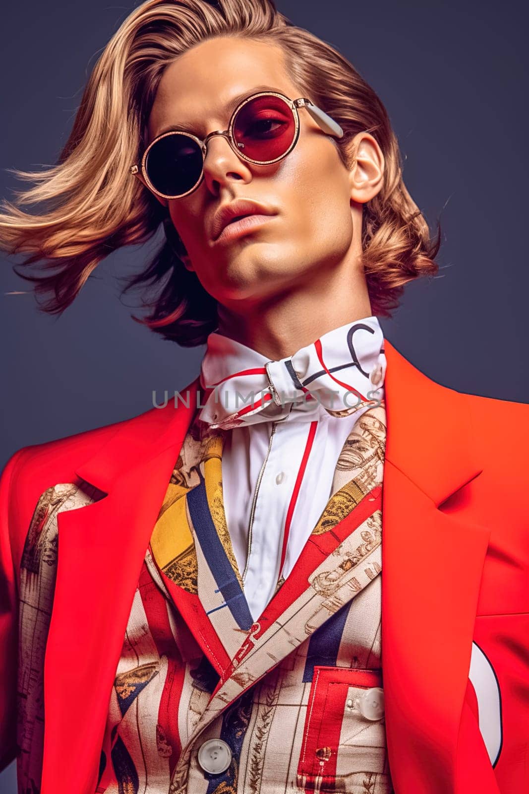 Stylish fashionable blond man wearing glasses and clothes from famous brands. High quality photo