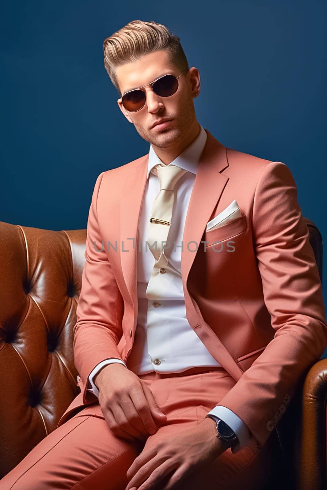 Stylish fashionable man wearing clothes from famous brands. High quality photo