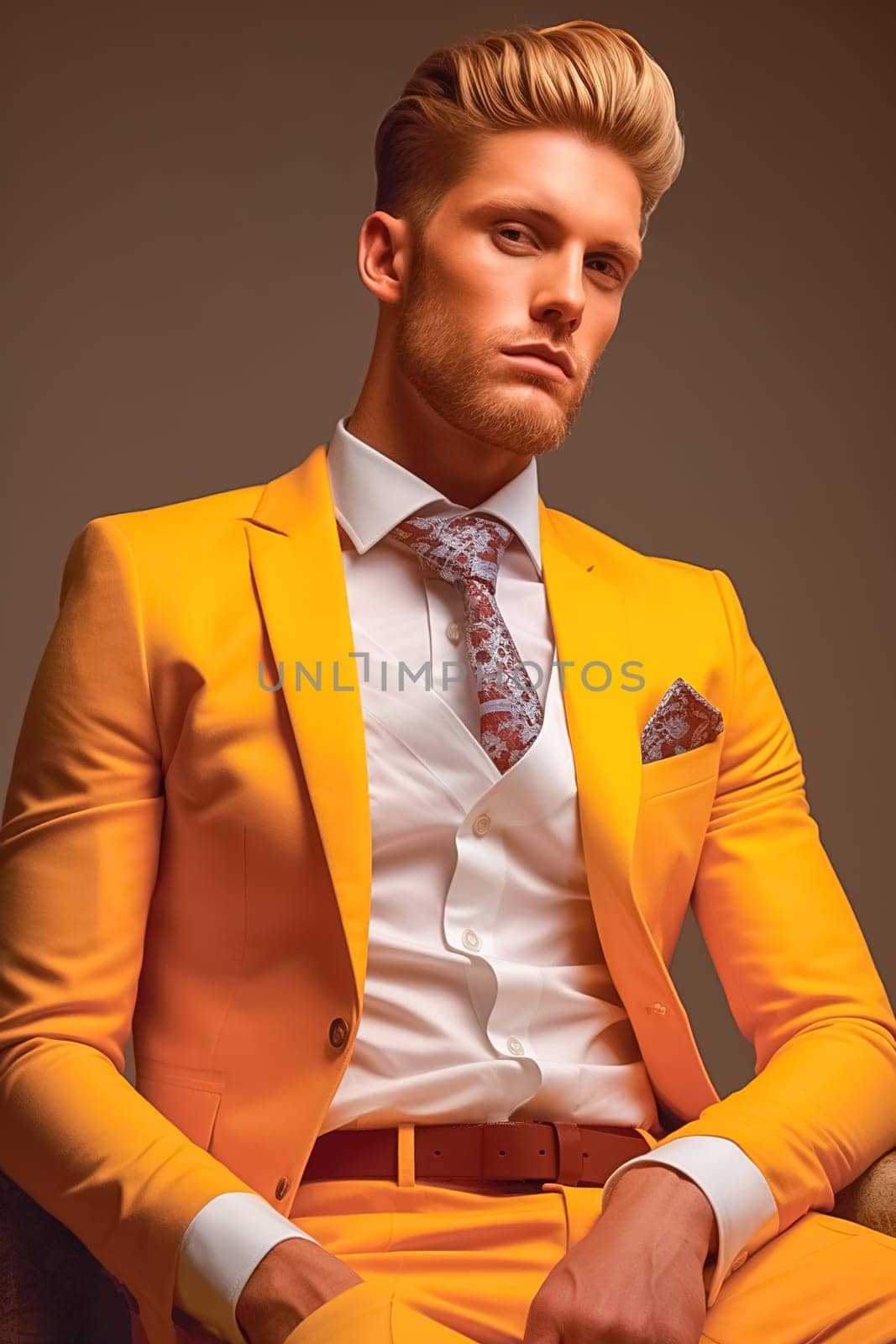Stylish fashionable blond man in a yellow suit from famous brands. High quality photo