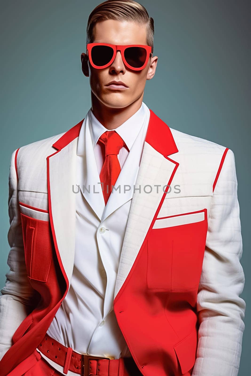 Stylish fashionable blond man wearing glasses and clothes from famous brands. High quality photo