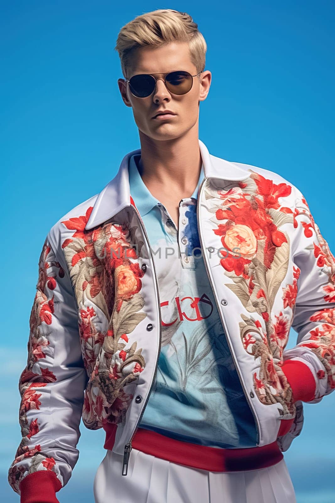 Stylish fashionable blond man wearing glasses and clothes from famous brands. High quality photo