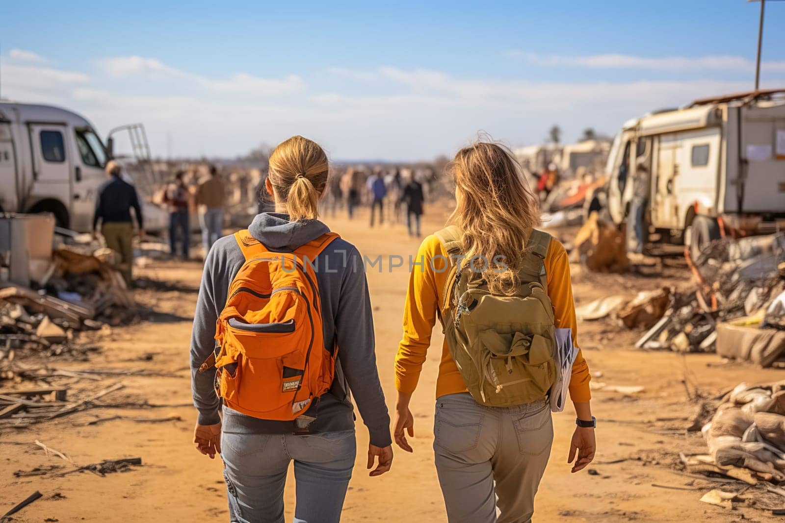Women walk along the road to a refugee camp. High quality photo