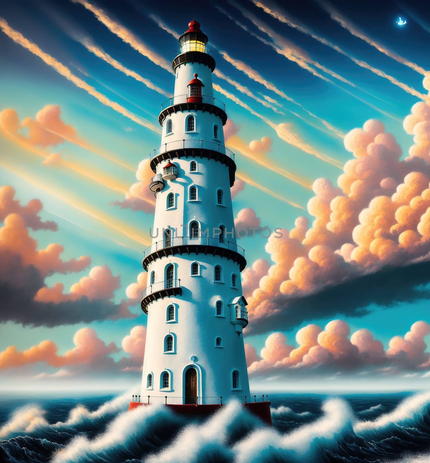The image depicts a small lighthouse standing on a rock in the middle of the ocean, surrounded by clouds and waves.
