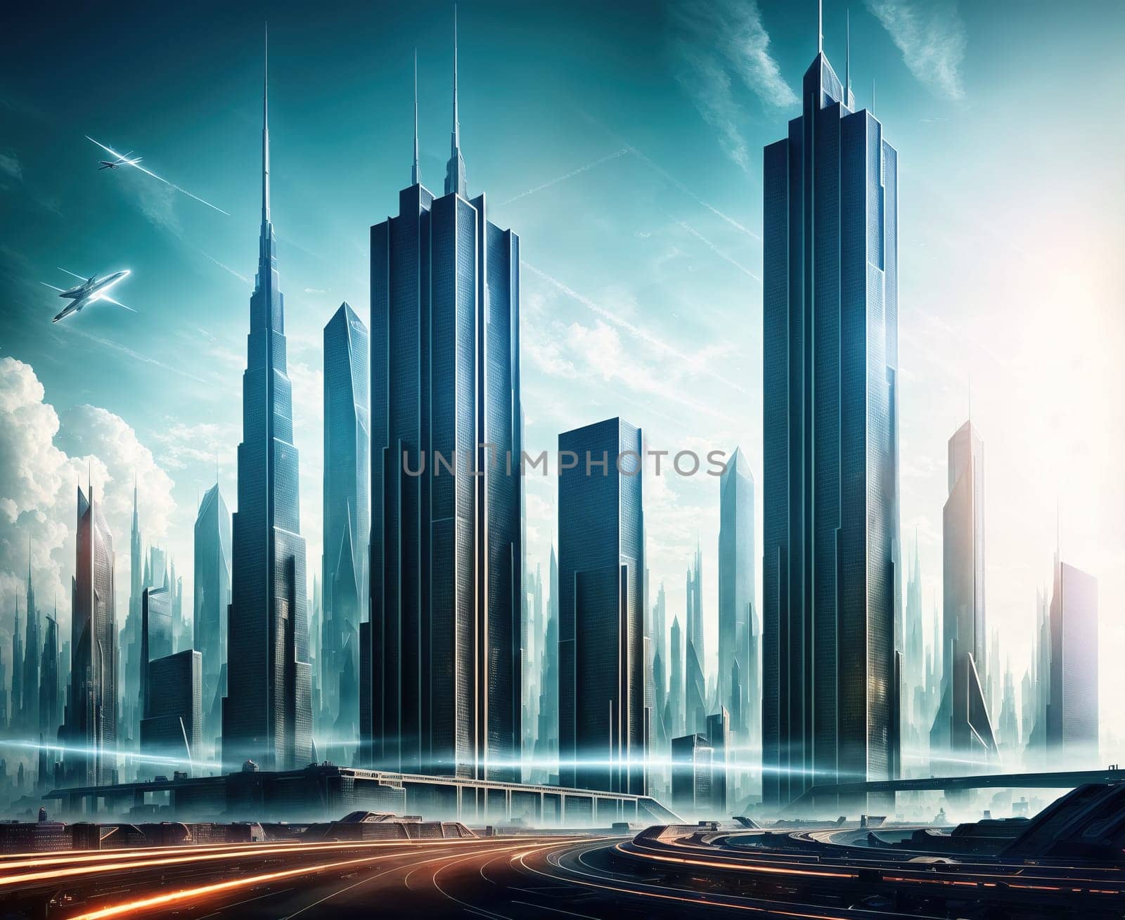 The image depicts a futuristic cityscape with towering skyscrapers and neon lights illuminating the sky.