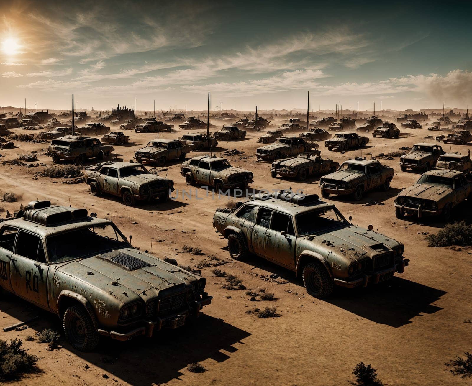 The image shows a group of old cars parked in a desert, with the sun setting in the background.