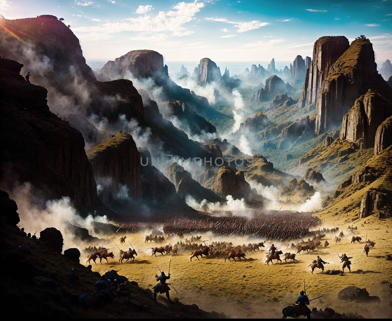 The image depicts a large group of people standing on a rocky cliffside overlooking a vast, mountainous landscape.