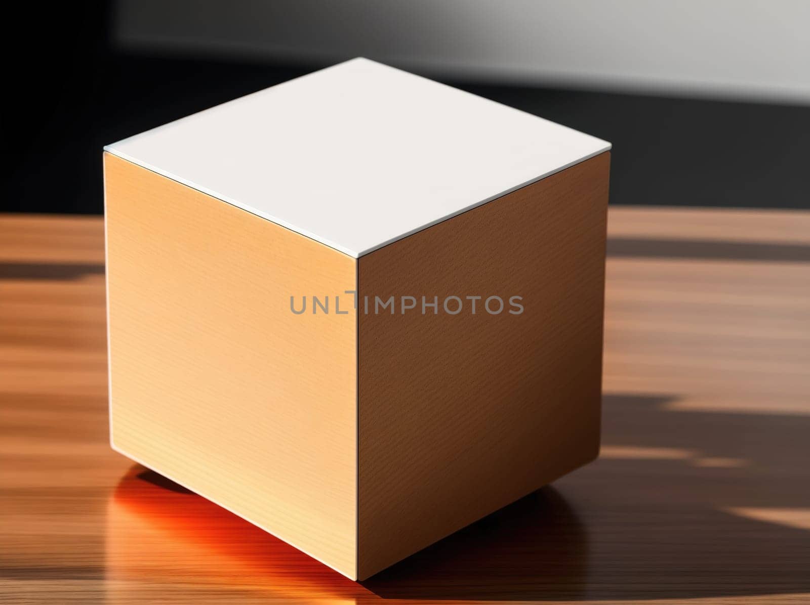 The image is a 3D rendering of a cube on a wooden table.
