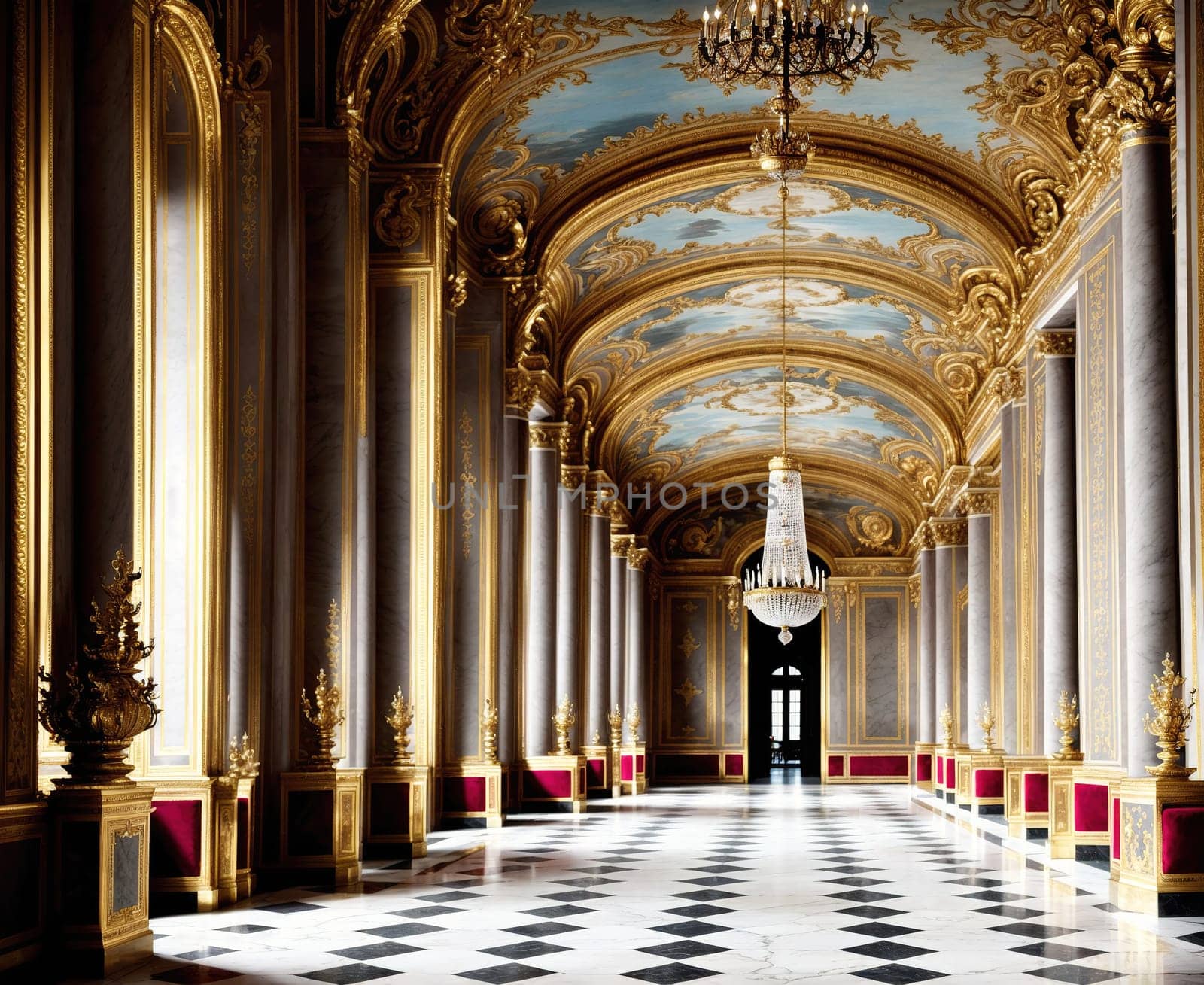 The image shows a grand, ornate room with high ceilings, marble floors, and gold accents on the walls and ceiling.