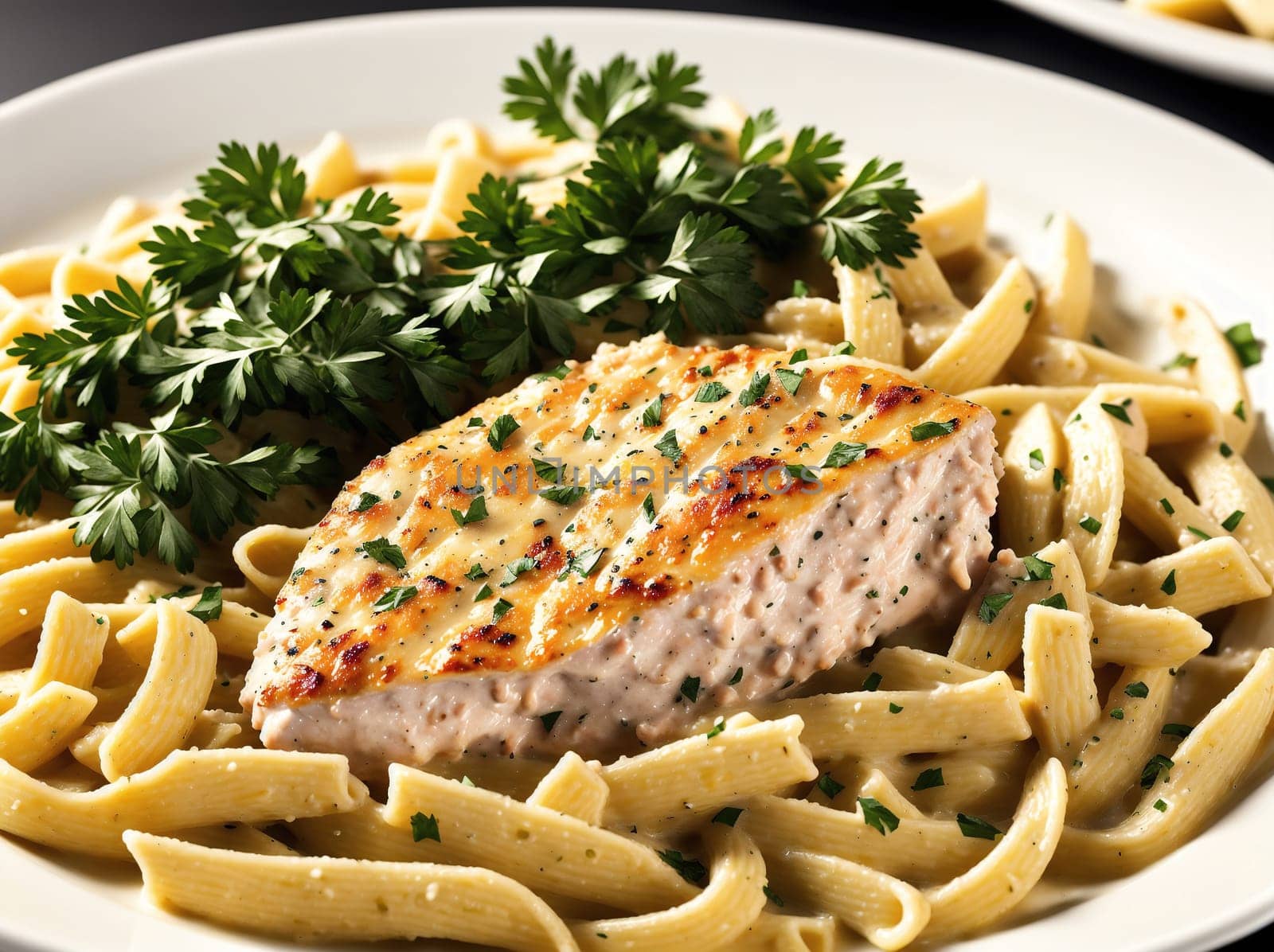 The image shows a plate of pasta with chicken and vegetables, with a side of garlic bread.