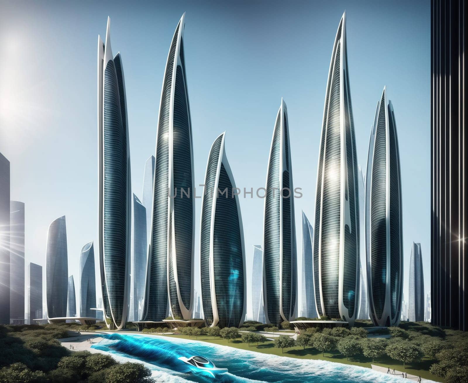 The image depicts a futuristic cityscape with tall, sleek skyscrapers and a river running through the center of the city.