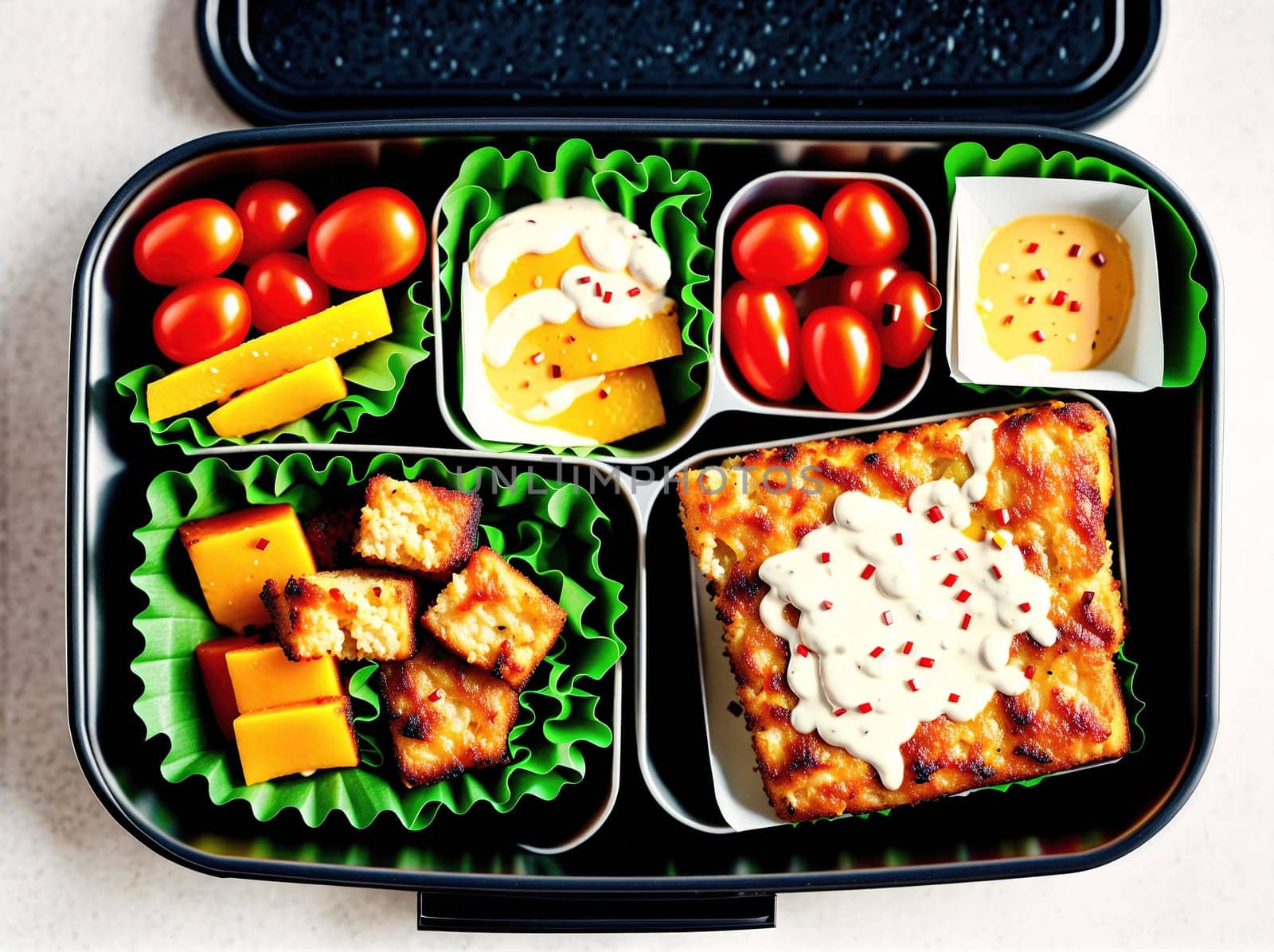 The image is a tray filled with various types of food, including cheese, tomatoes, lettuce, and meat.