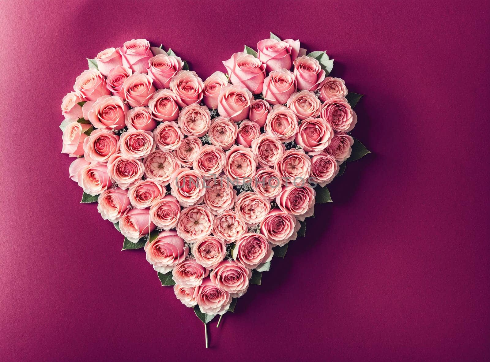 The image is a heart-shaped arrangement of pink roses on a pink background.