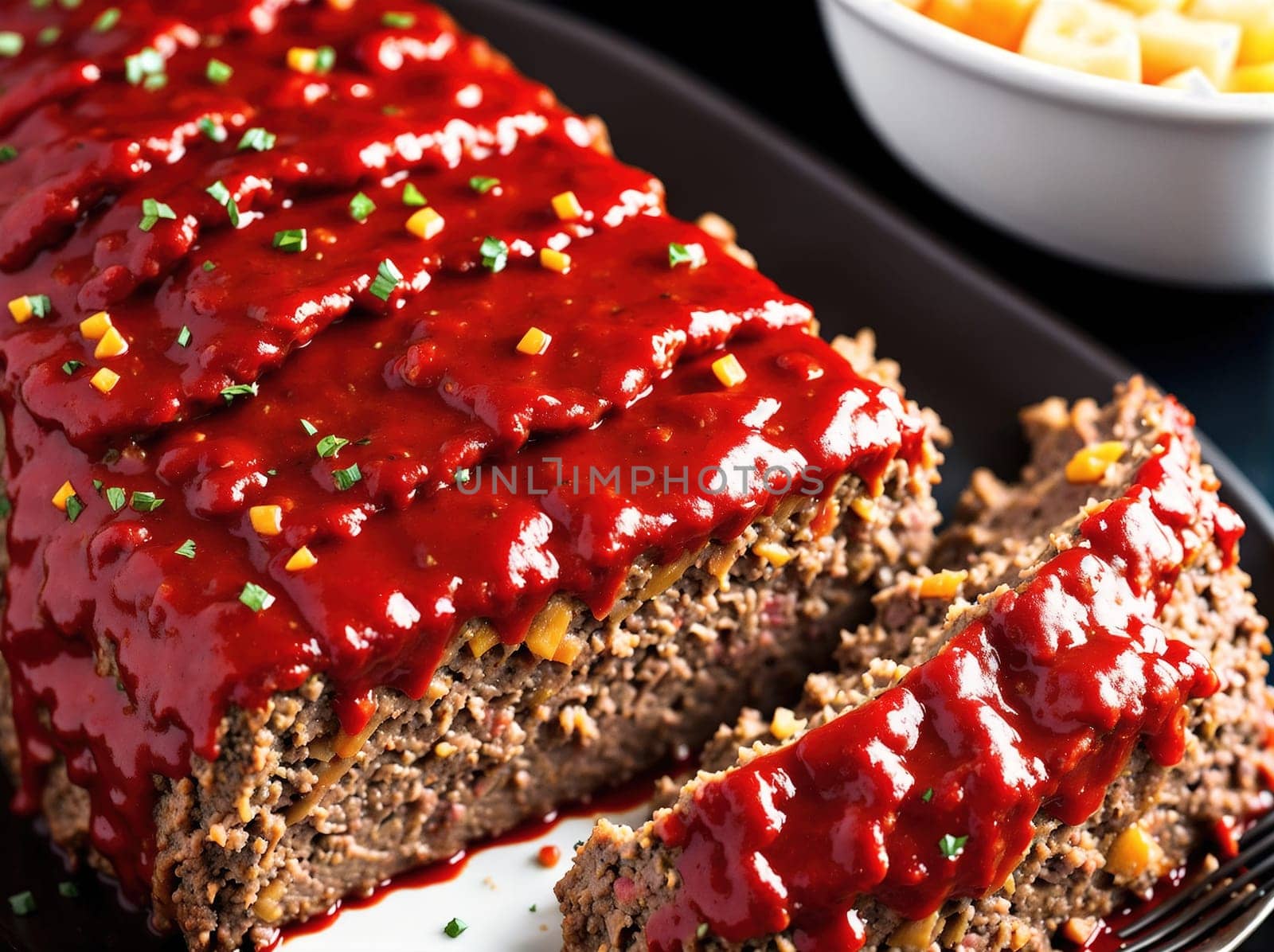 The image shows a slice of meatloaf with ketchup and cheese on top, served on a plate with a side of mashed potatoes and green beans.