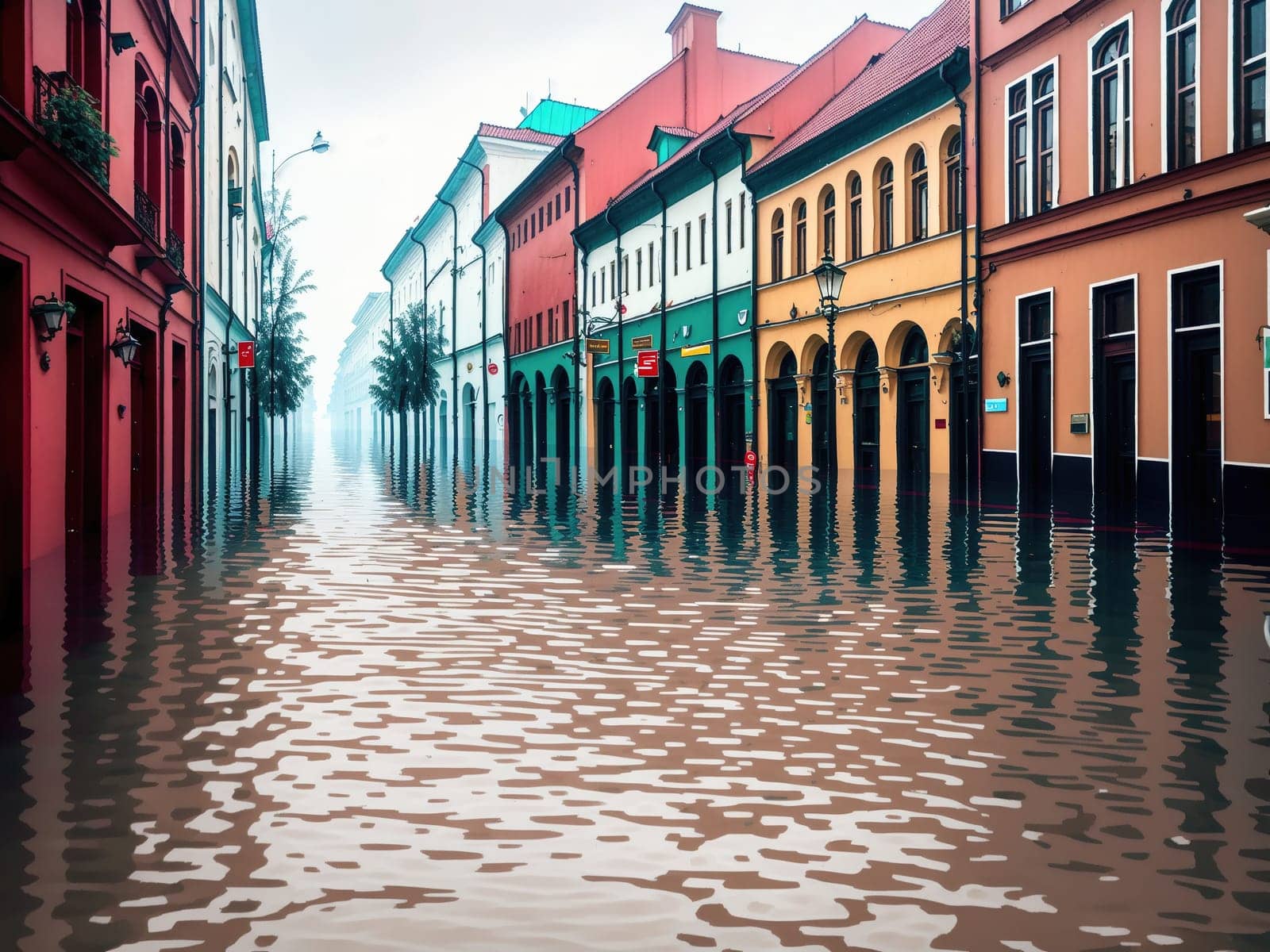 The image shows a flooded street with buildings on either side, with people standing on the sidewalk looking at the water.