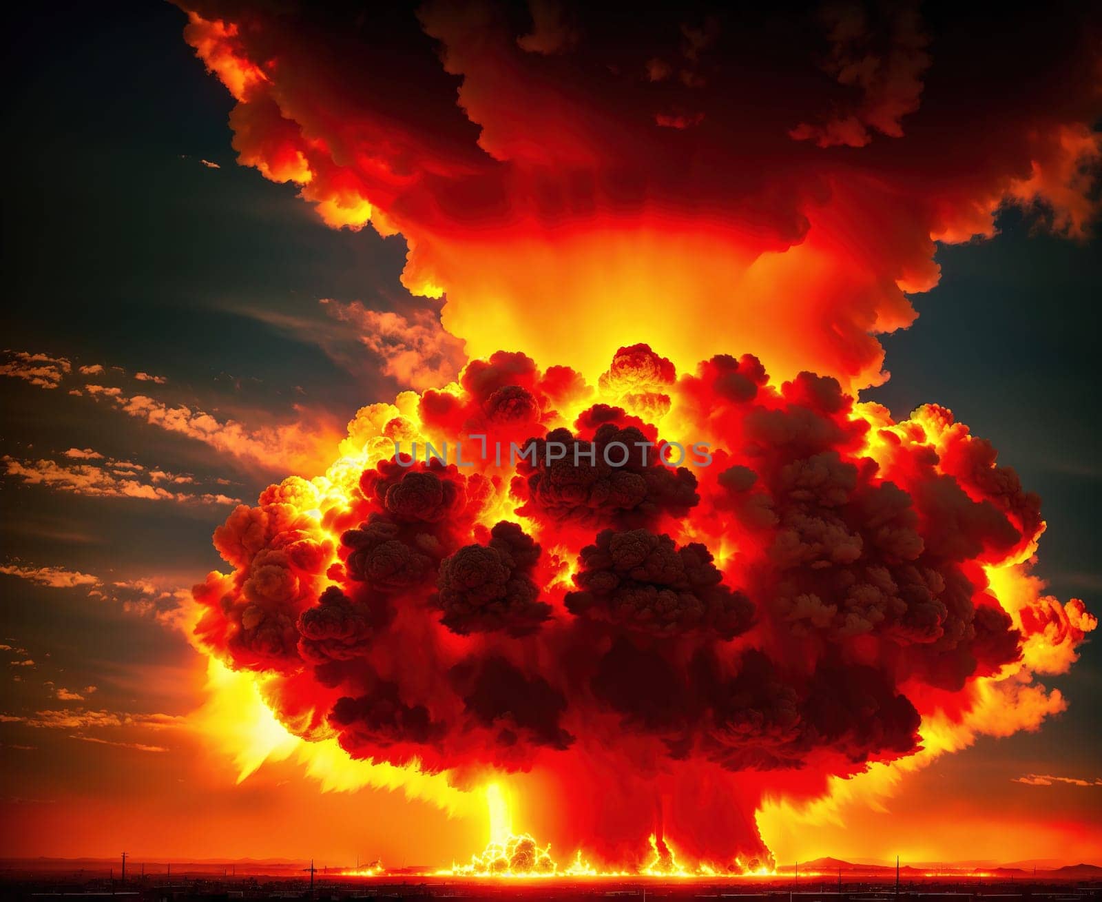 The image depicts a mushroom cloud rising from the ground, with the sun setting in the background.