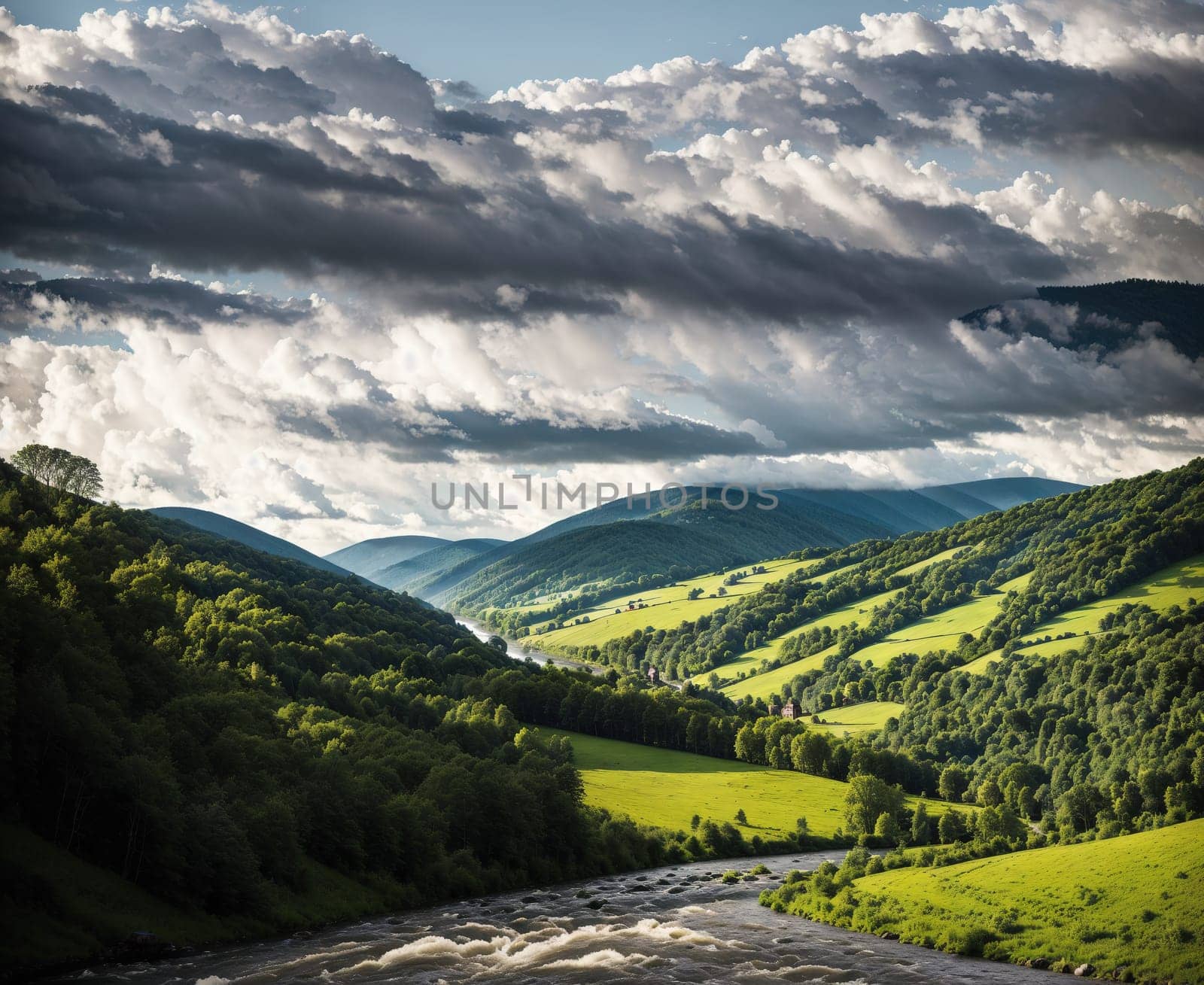 The image shows a river flowing through a green valley surrounded by mountains and trees.