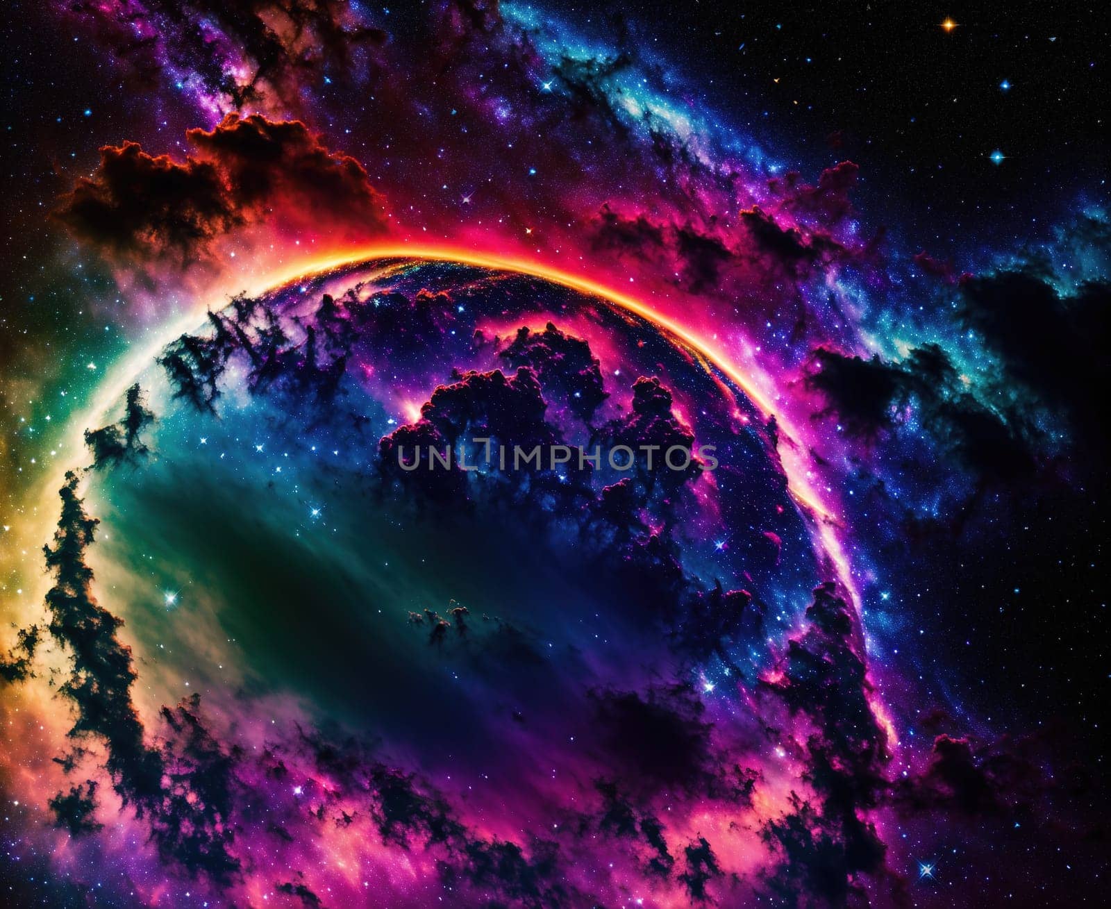 The image depicts a colorful, swirling nebula in the night sky.