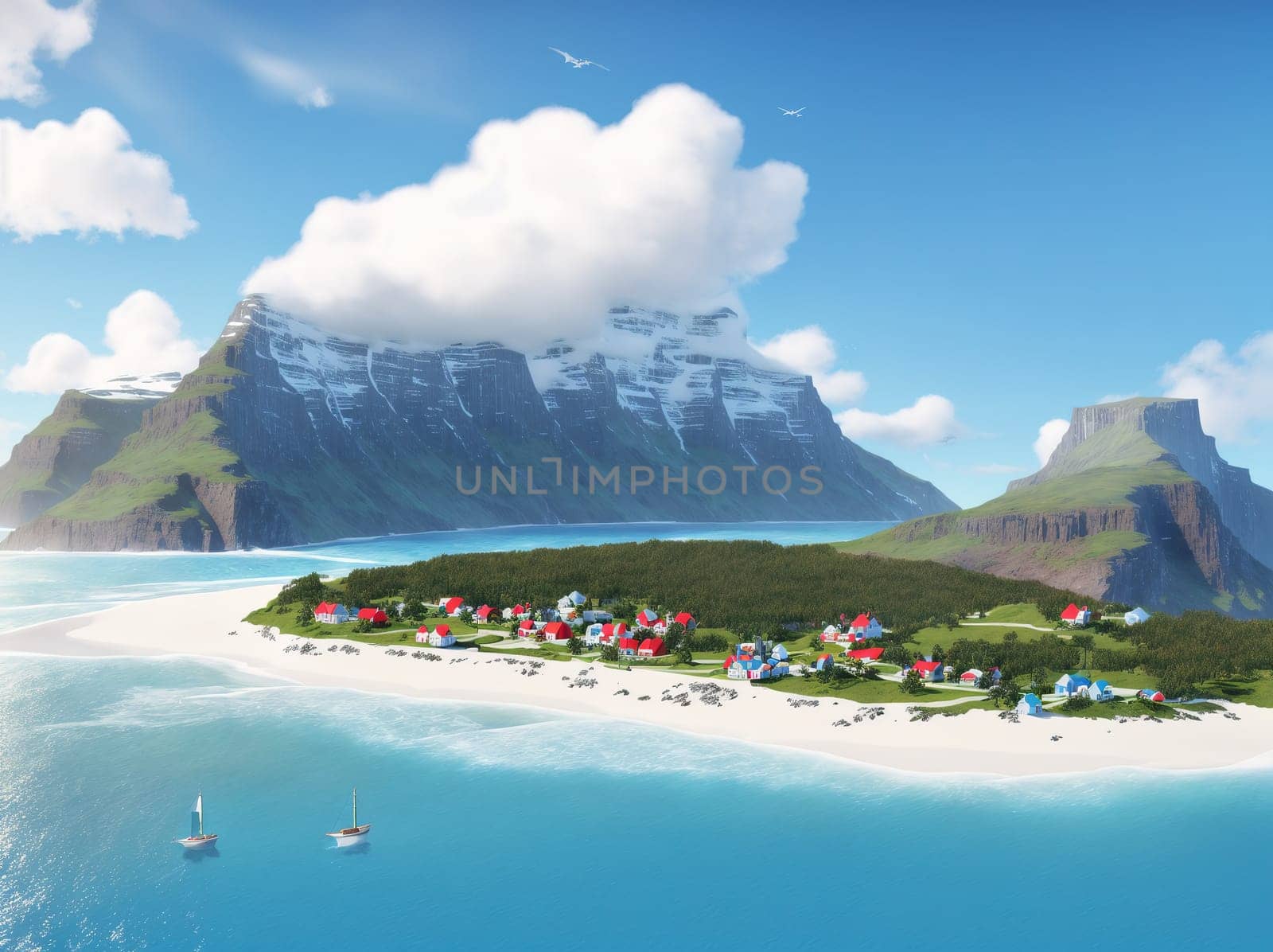 The image shows a small island with a beach and a lighthouse in the distance, surrounded by mountains and water.