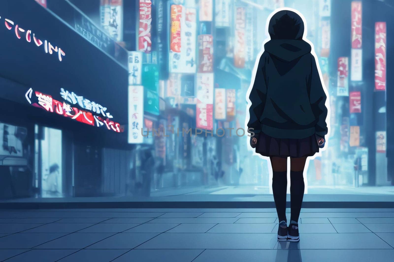 Banner: 3d rendering of a girl in a hood walking in the city