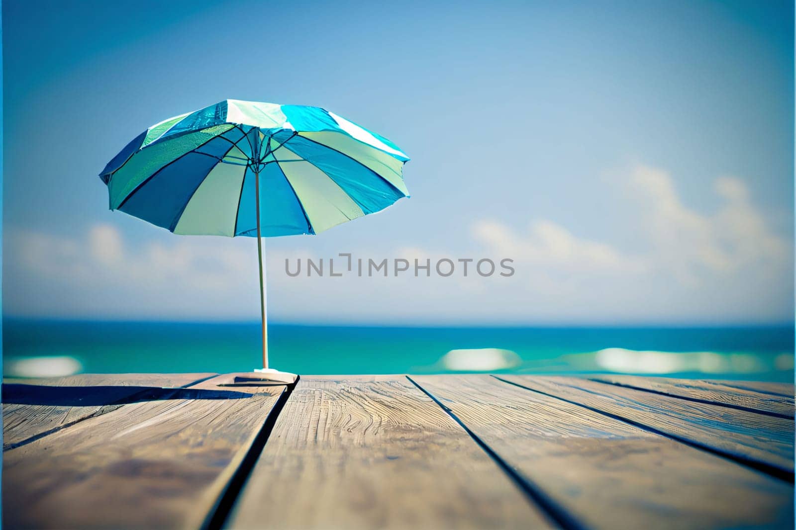 Beach umbrella on the wooden pier over blue sea and sky background by ThemesS