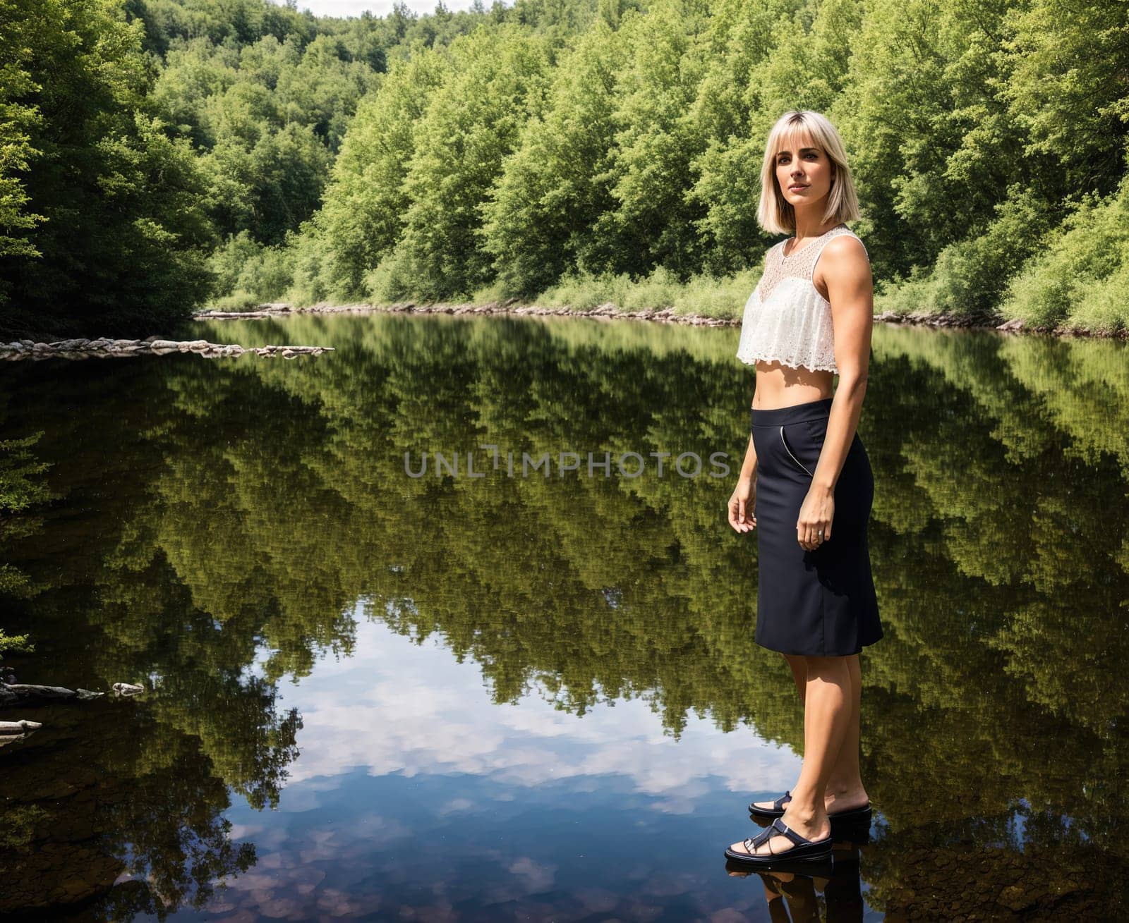 The image shows a woman standing on a rock in the middle of a river, looking out at the water.