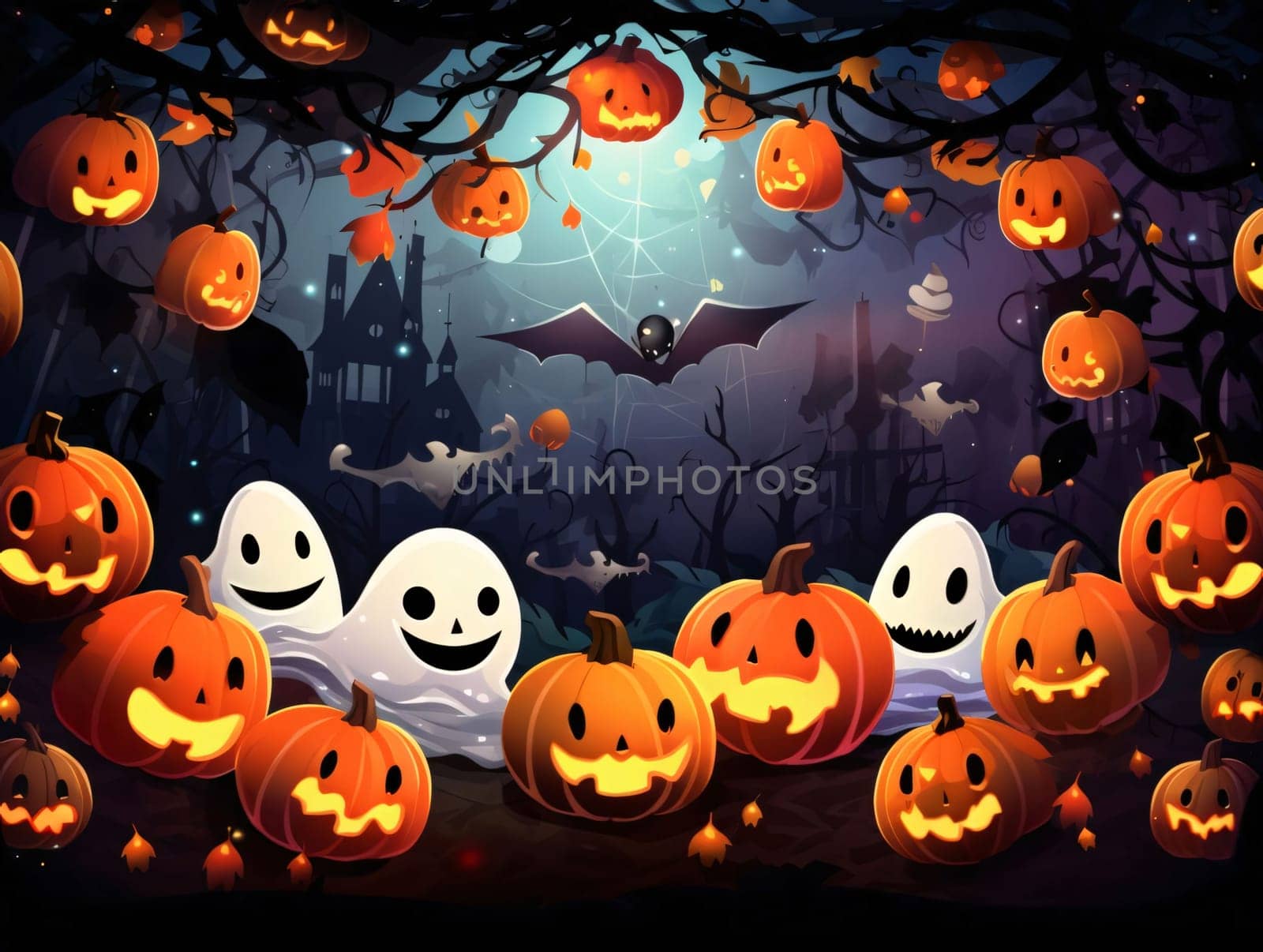 Banner: Halloween background with scary pumpkins, bats and castle, vector illustration