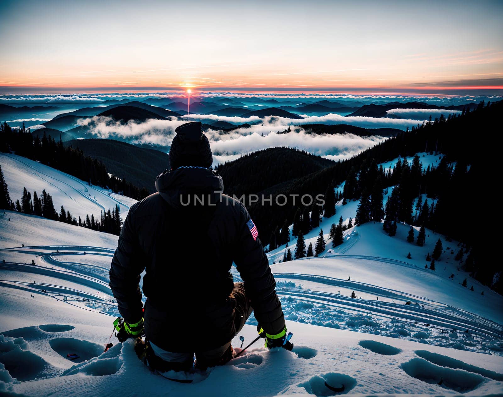 The image shows a person sitting on top of a snowy mountain, looking out at the sunset with a smile on their face.