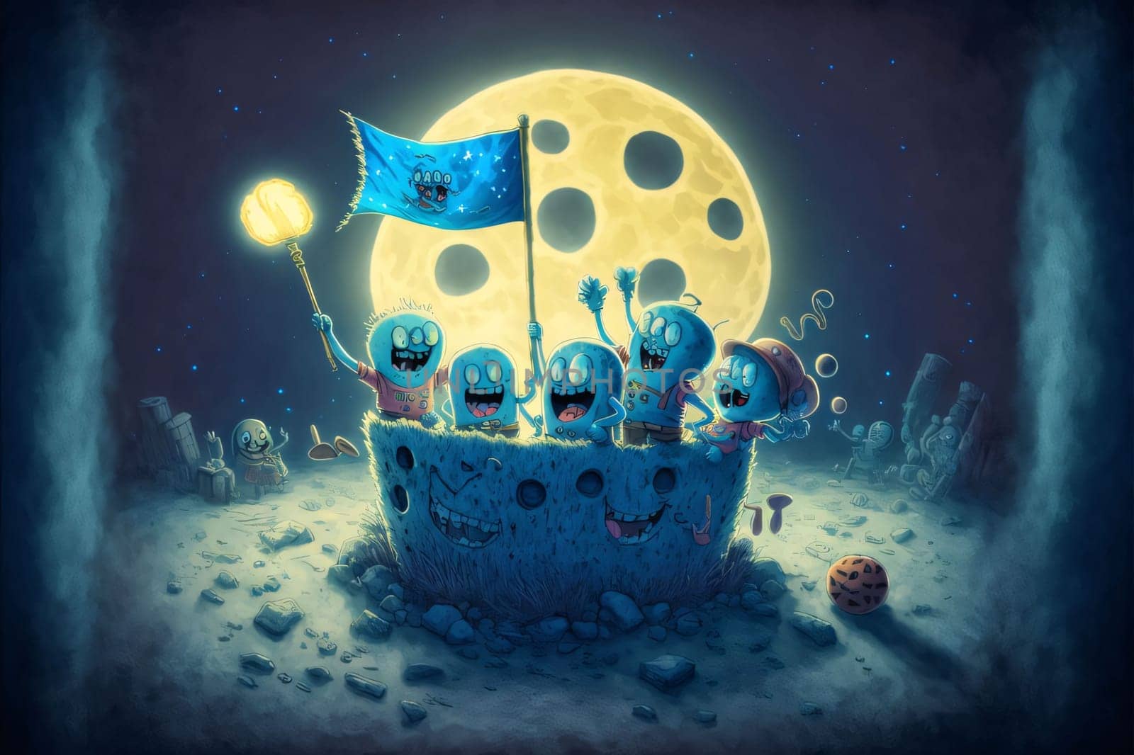 Banner: 3D Illustration of a Cute Halloween Monster with a Moon