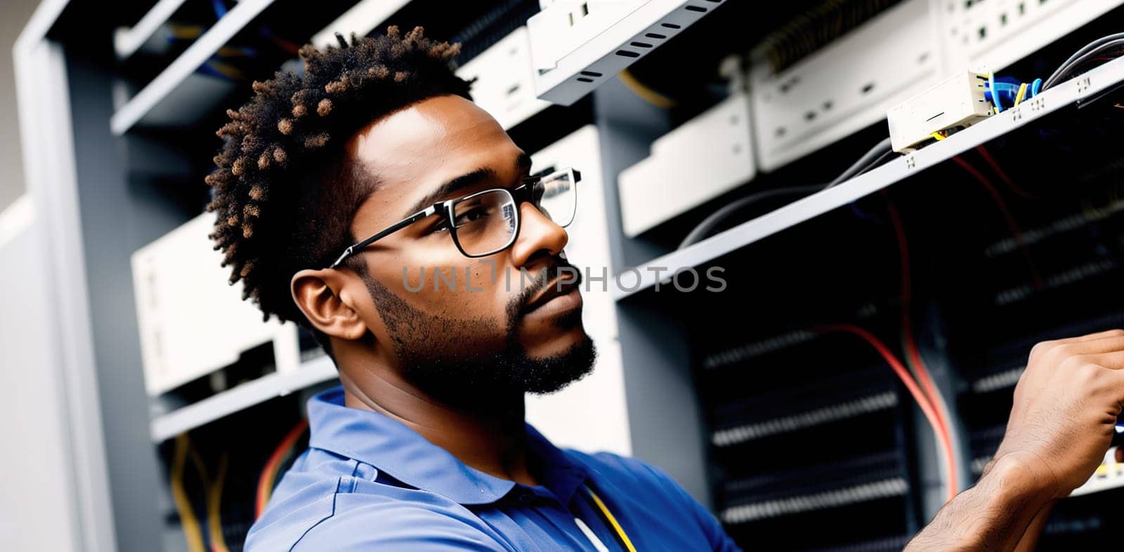 The image shows a man in a blue shirt and glasses working on a computer in a data center.