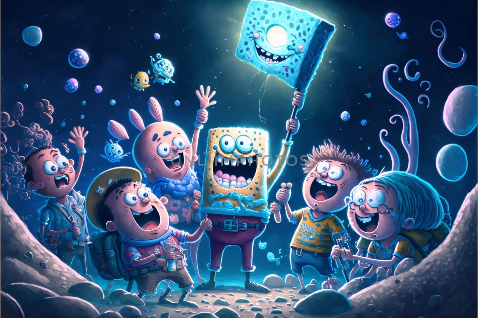 Funny cartoon characters flying on the moon. Halloween party concept. by ThemesS