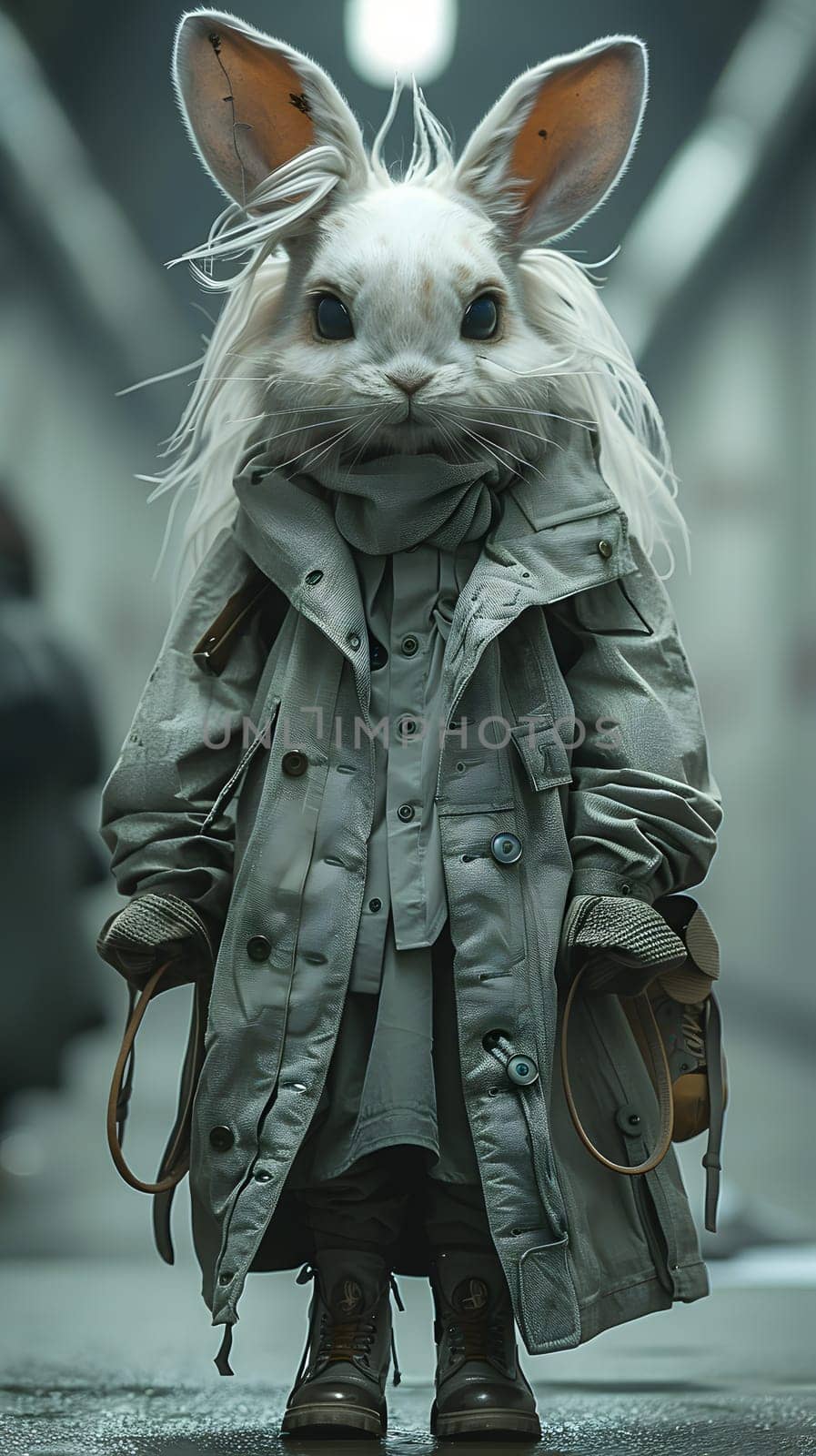 A fictional character, a white rabbit with long grey fur, whiskers, and ears, wearing a coat and boots. A happy terrestrial animal from the family Felidae, part of Rabbits and Hares