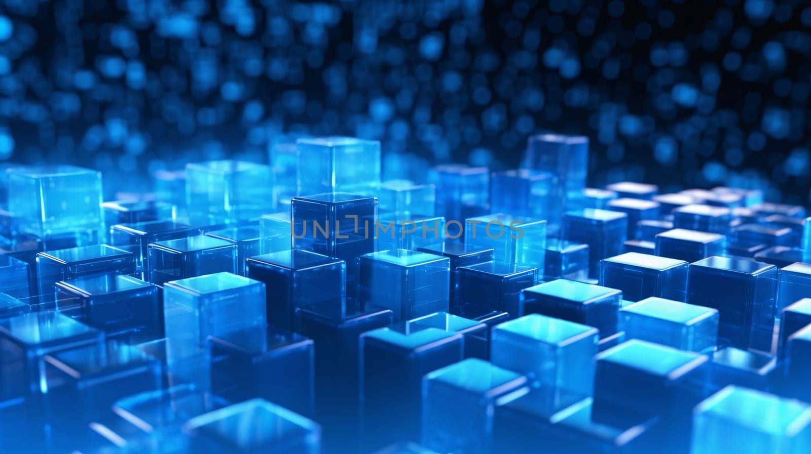 Banner: Abstract 3d rendering of blue cubes. Futuristic background with cubes.