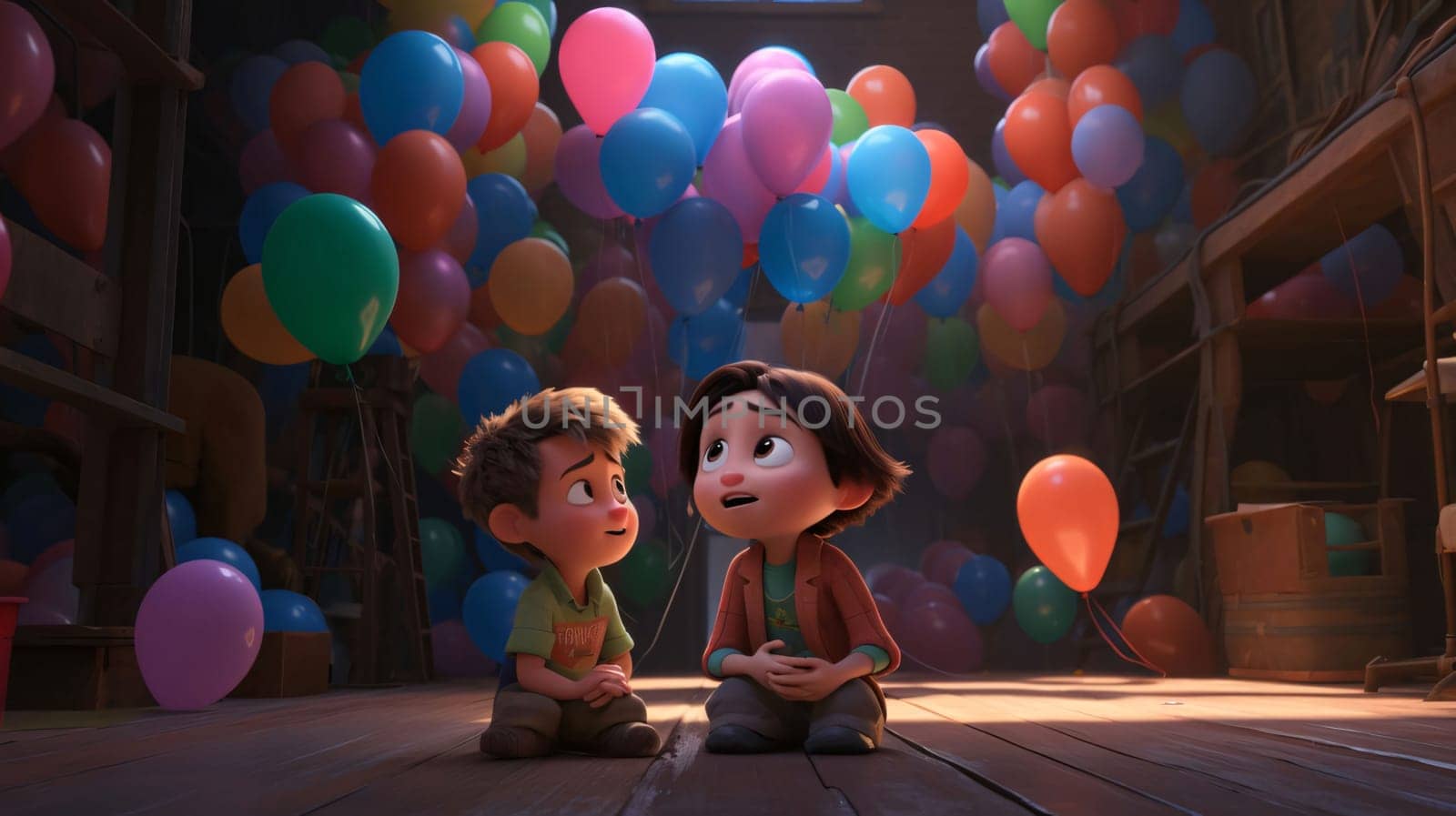 Boy and girl are sitting on the floor with balloons in the background. by ThemesS