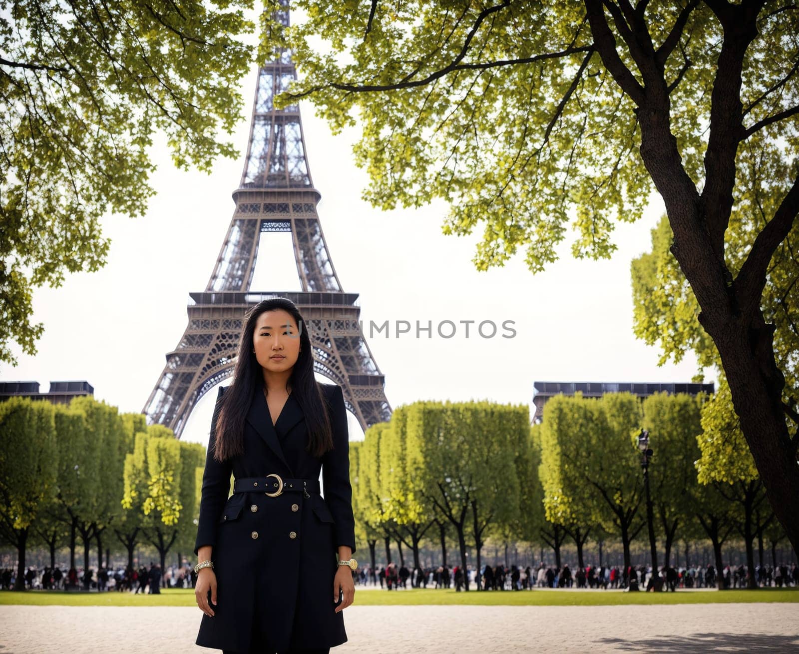 The image shows a woman standing in front of the Eiffel Tower in Paris, France, with the tower in the background and trees and buildings in the foreground.