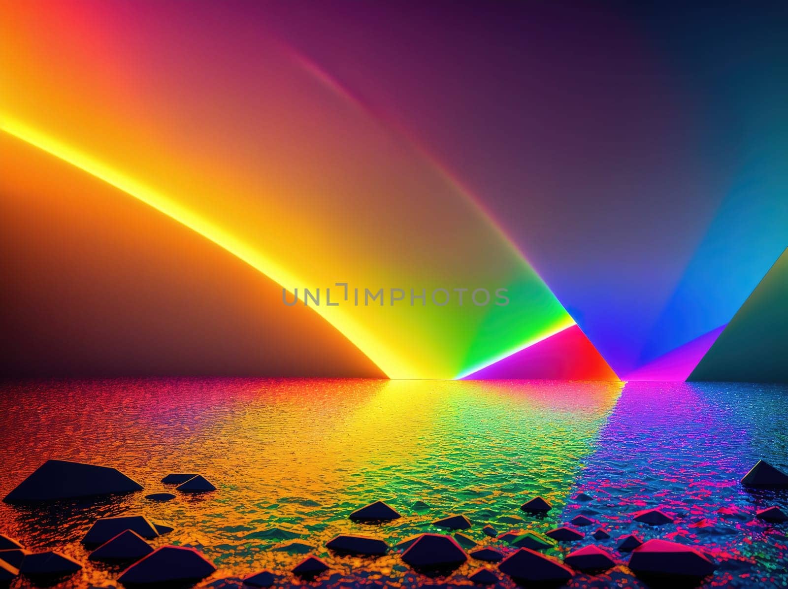 The image is a colorful, abstract representation of a rainbow over a body of water.