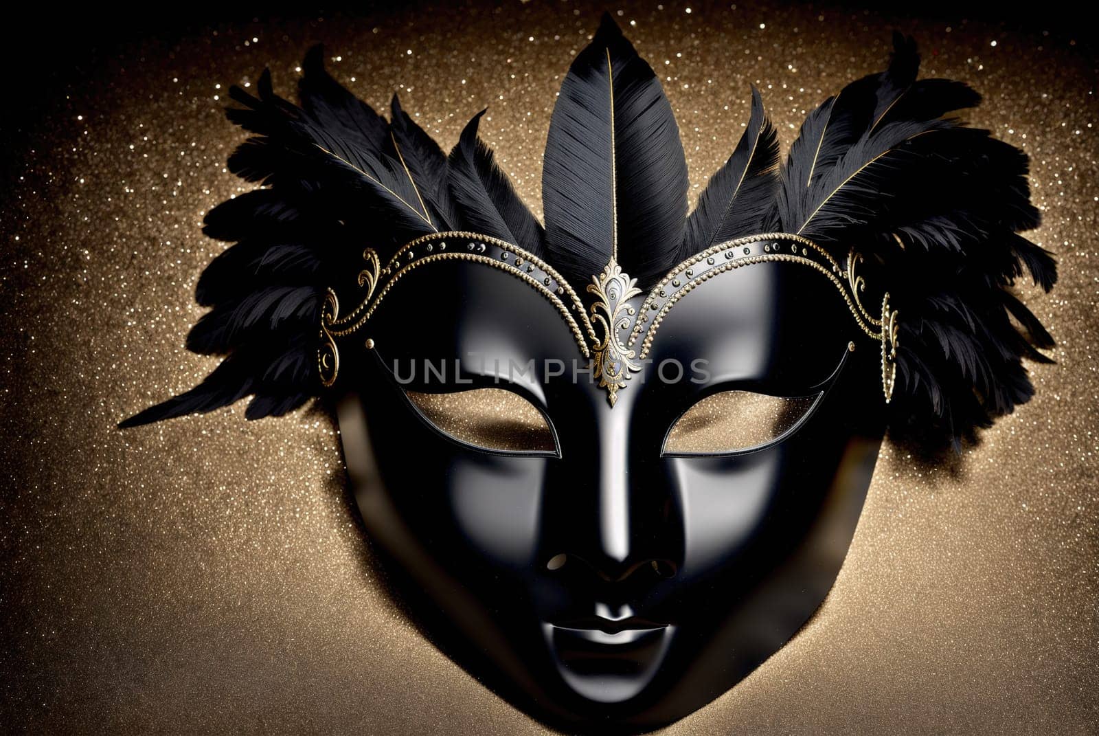 The image is a black and gold mask with feathers on the sides.