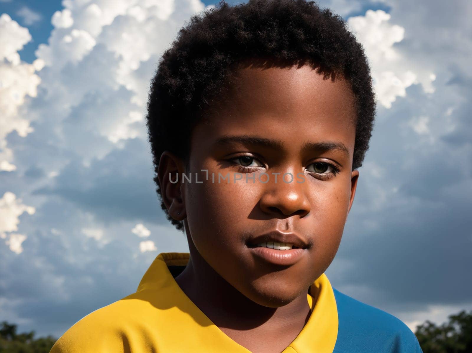 The image shows a young boy wearing a yellow shirt and standing in a field with a cloudy sky in the background.