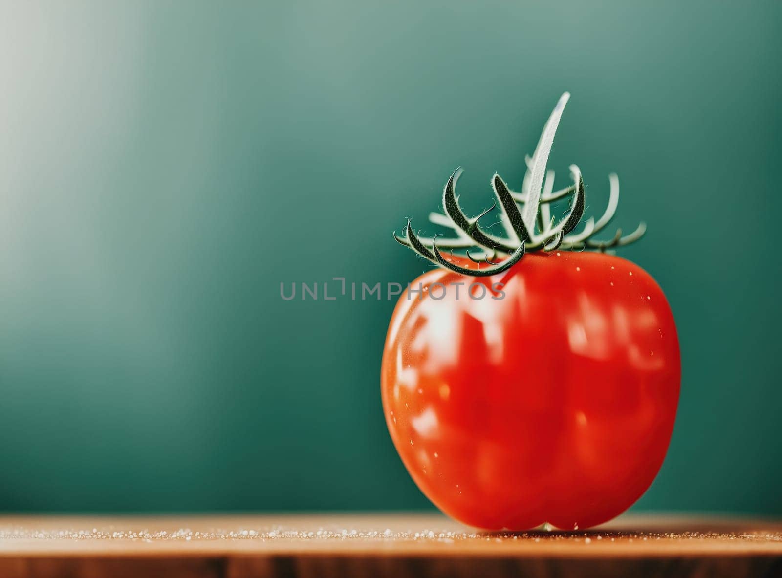 The image shows a red tomato sitting on a wooden surface, with a green background.