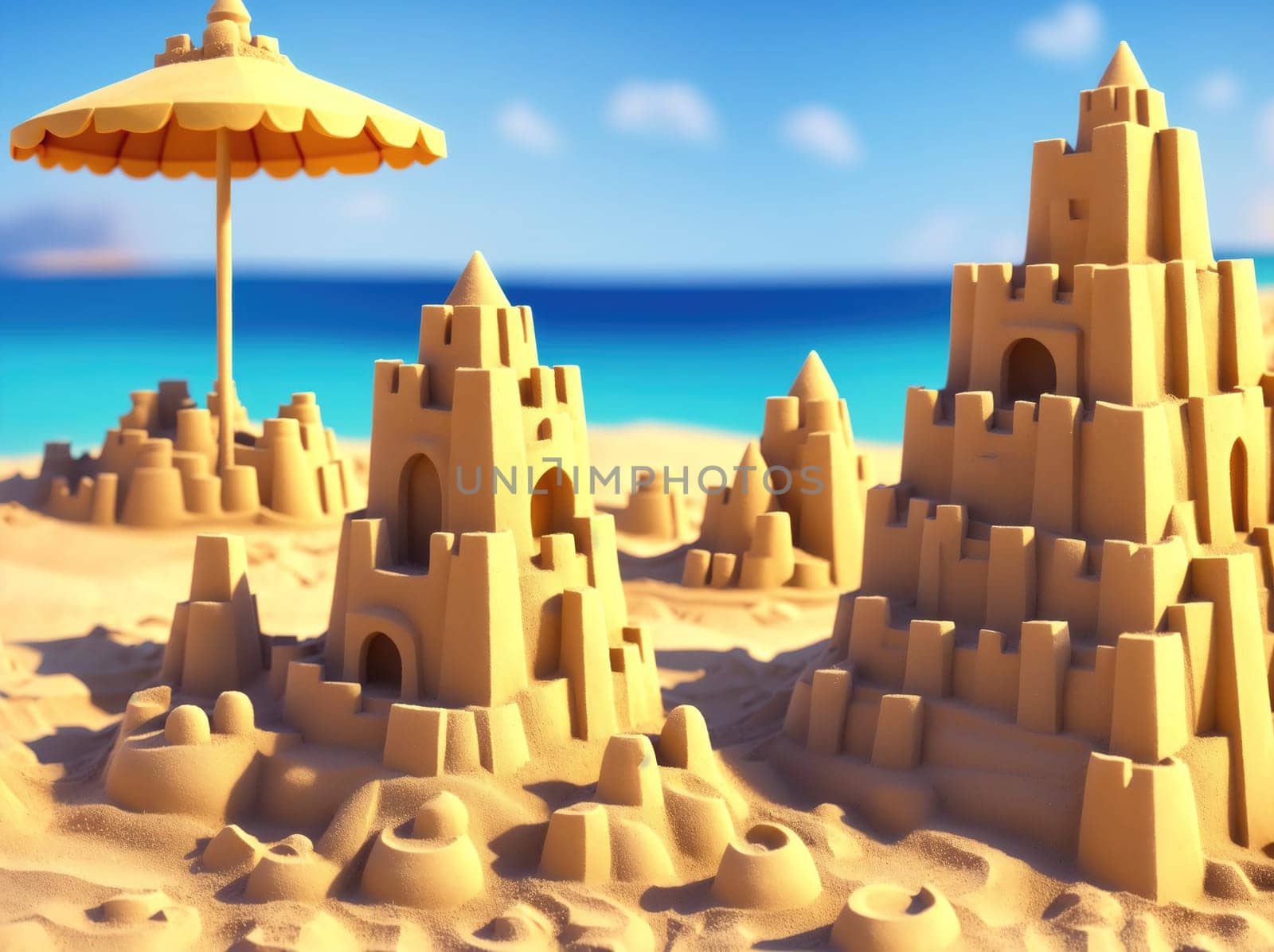 The image is a sandcastle with an umbrella on top of it, standing on a beach with a blue sky in the background.