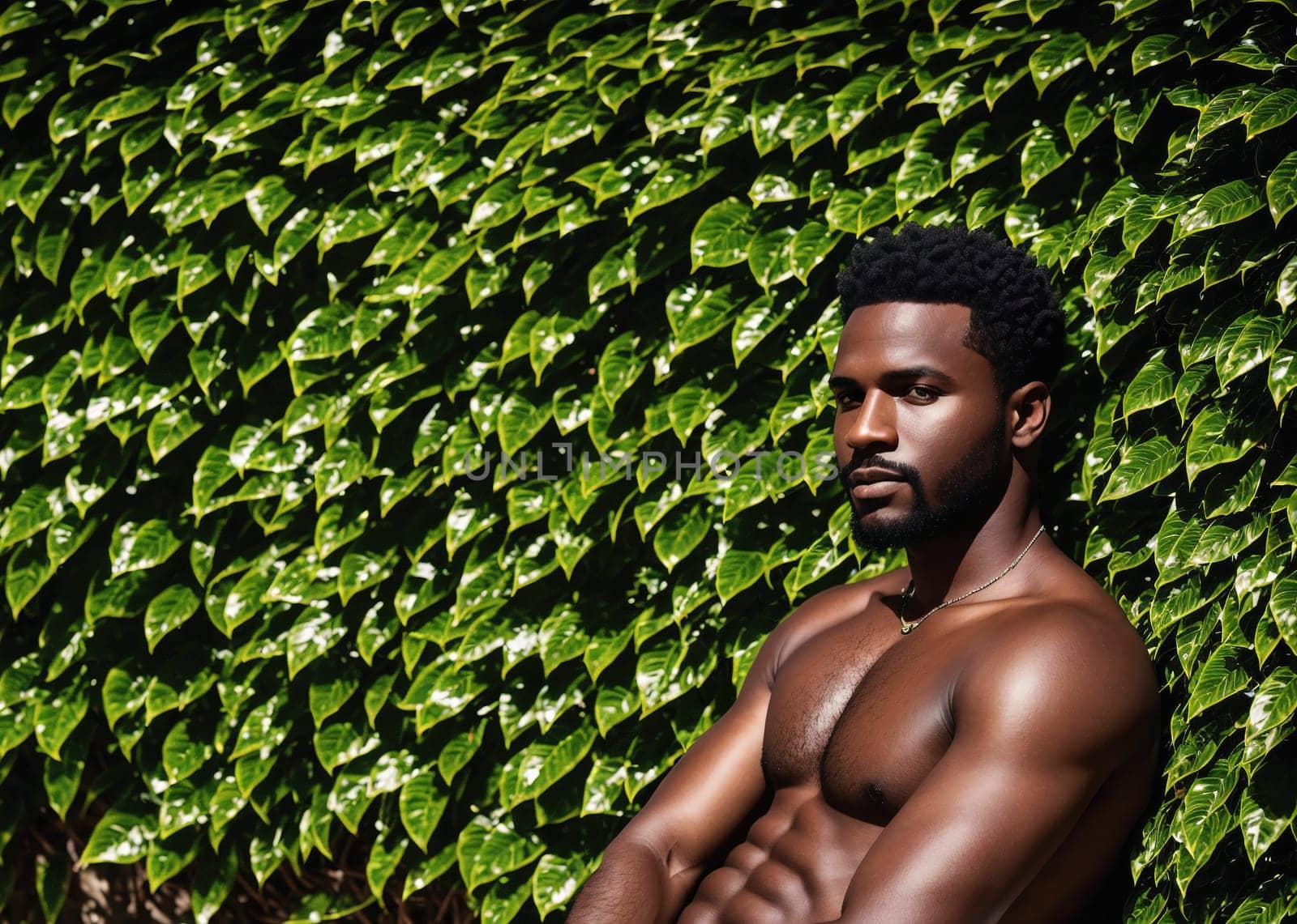 The image shows a shirtless man sitting on the ground in front of a green background with leaves.
